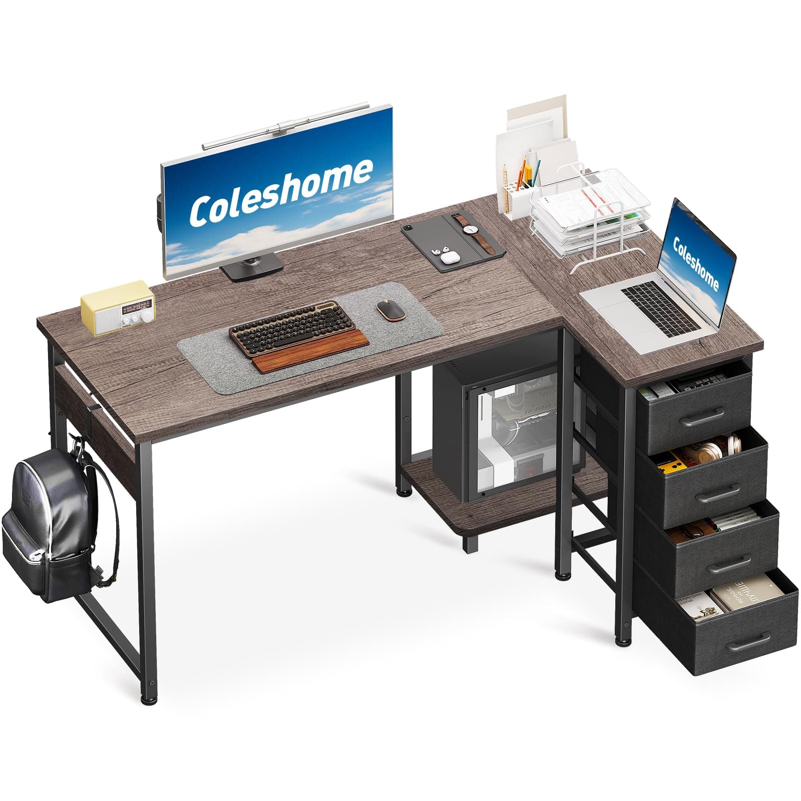 Coleshome Bureau d'angle avec 4 tiroirs, 120x70cm Bureaux d'ordinateur réversibles pour Bureau/Chambre à Coucher, Graue Eich