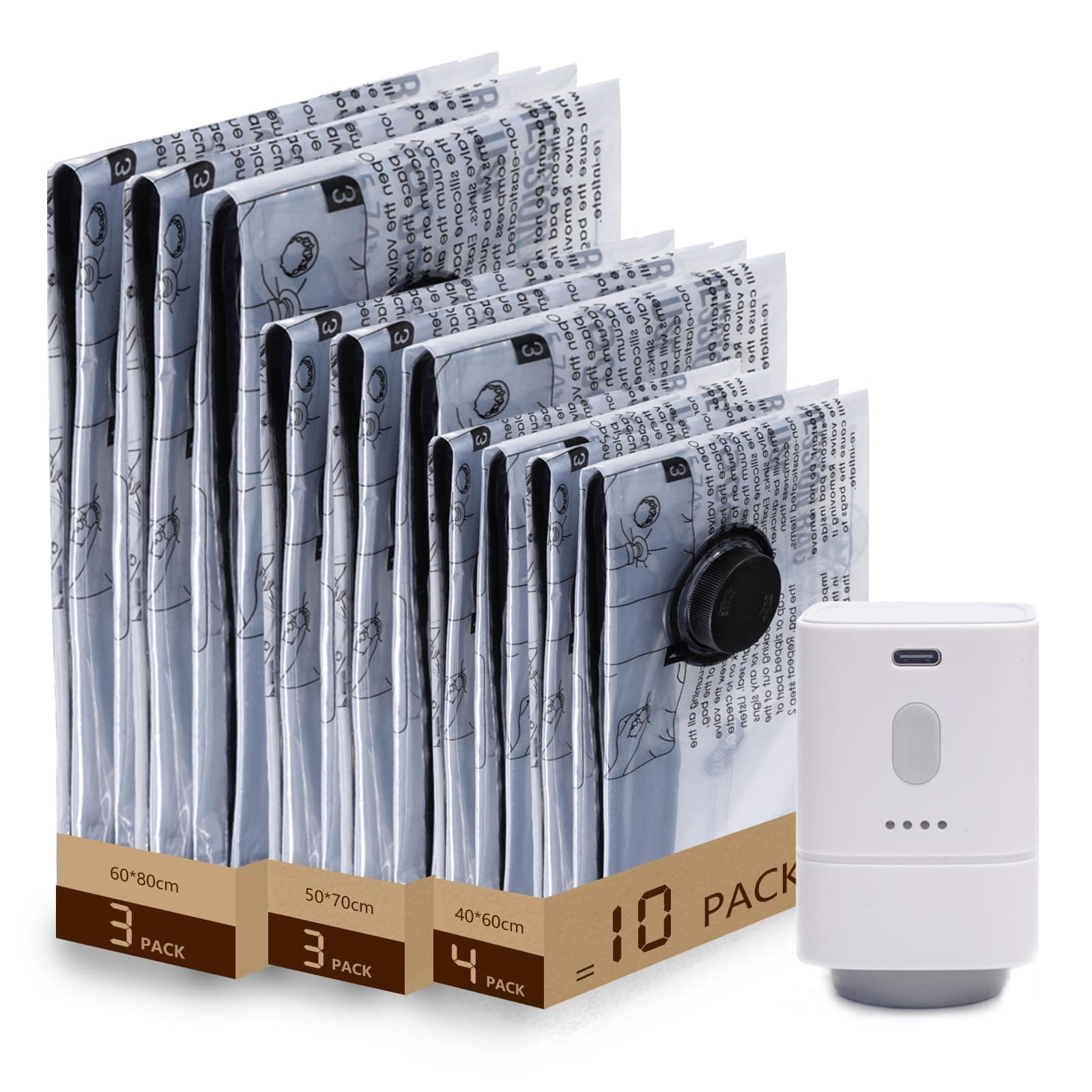 10 Sacs De Stockage Sous Vide+Pompe À Air Électrique Sans Fil -Plusieurs Tailles (3×60×80/3×50×70/4×40×60 CM)Matériau Réutilisable PA+PE, Économise 80% Espace, Idéal Pour Voyages & Stockage Quotidien
