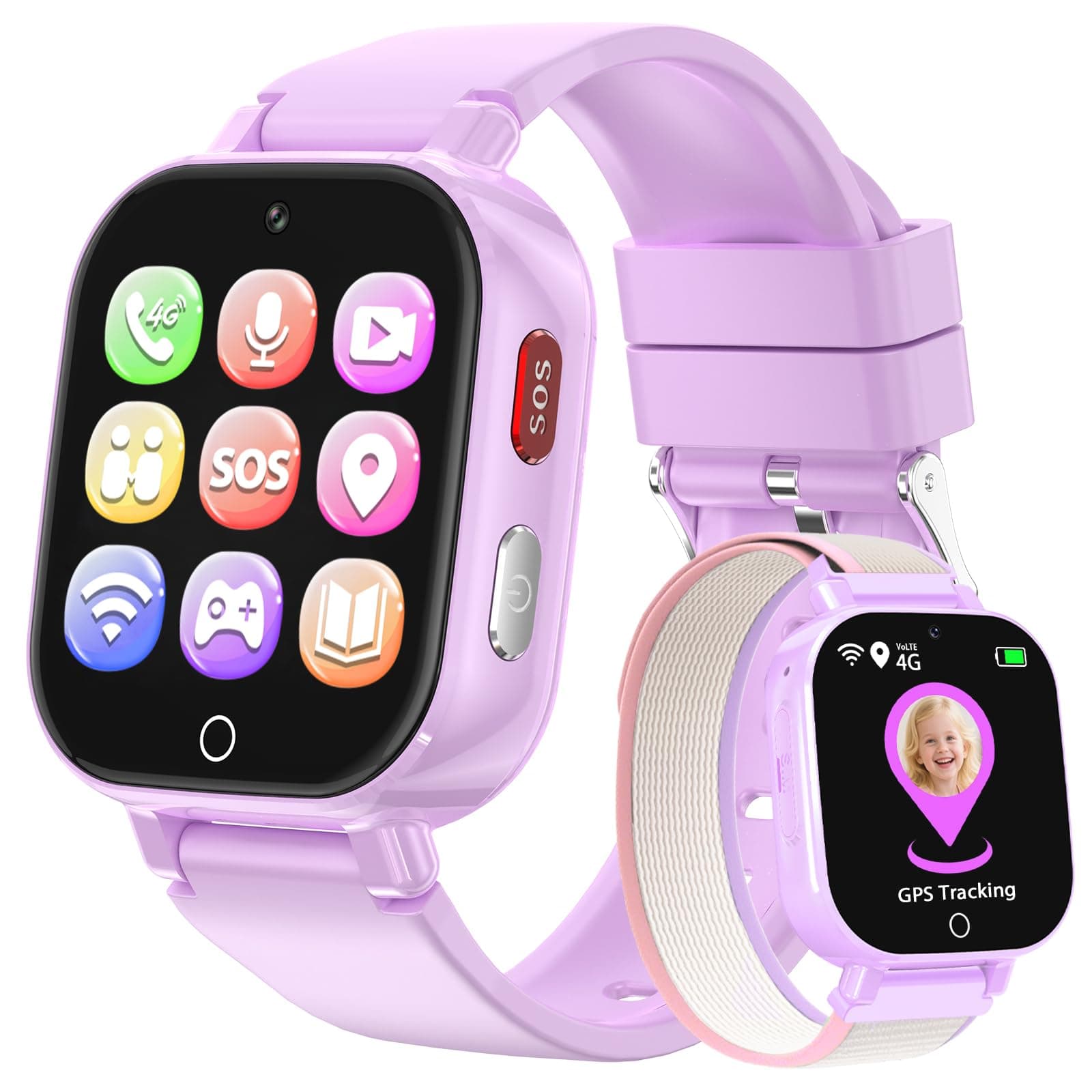 Smartwatch Bambini 4G con Videochiamata, GPS, SOS, Chat Vocale, IP68 Impermeabile, Modalità Classe, Contapassi, Sveglia, Camera, Orologio Smartwatch Regalo per Bambino e Bambina 4-12 Anni (Lila-8A)