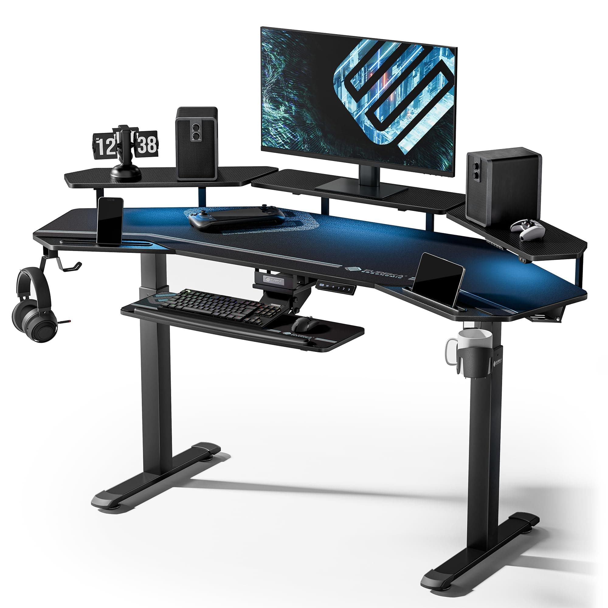 EUREKA ERGONOMIC Bureau Gaming LED 182x76cm en Forme d'Aile Bureau Assis Debout Électrique Bureau Gamer Réglable en Hauteur avec Plateau pour Clavier, Étagère de Moniteur