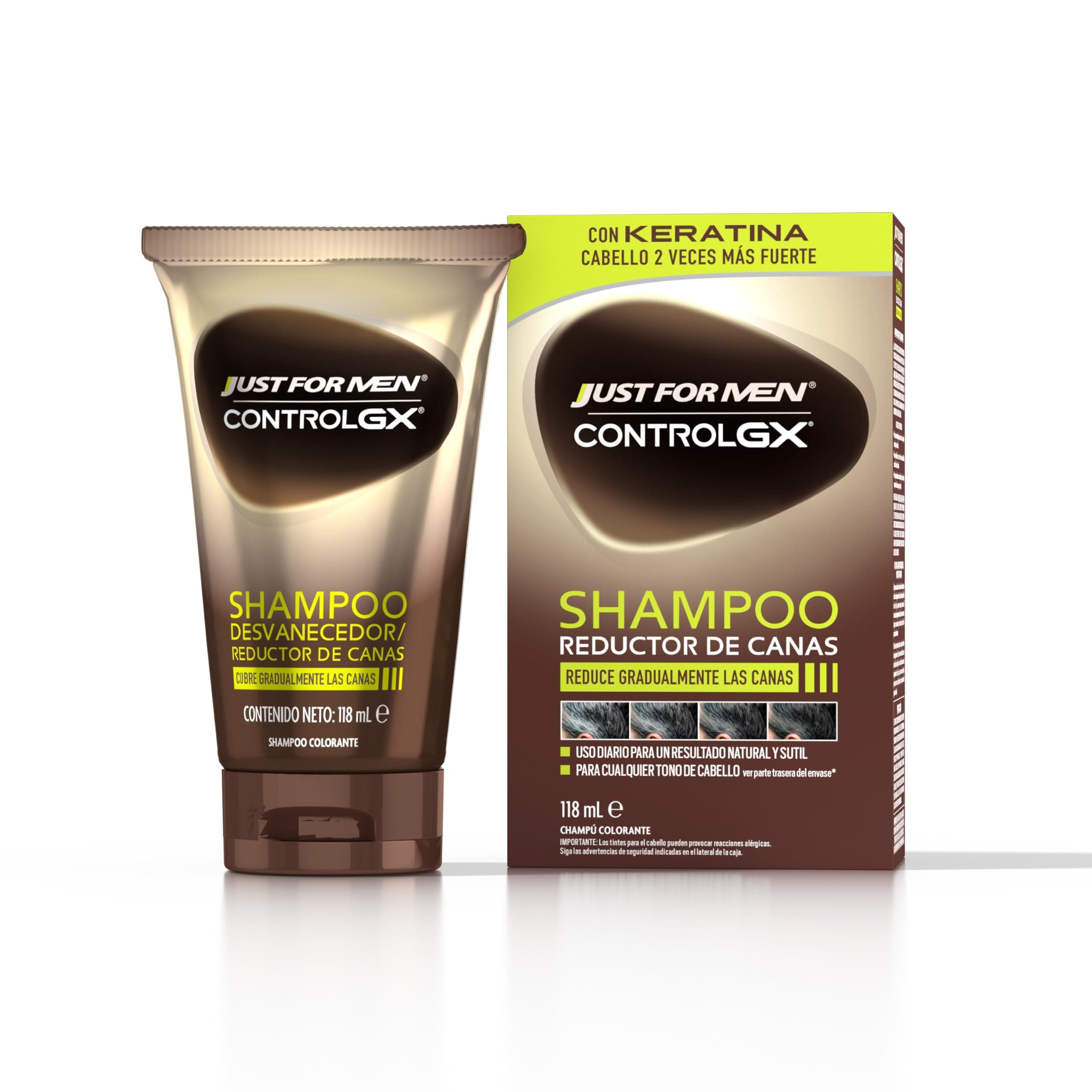 Just For Men Control GX Champú Reductor de Canas para Hombre, Reduce Las Canas Gradualmente en Cada Lavado, Con Aceite De Coco Y Aloe Vera, Para Todos Los Tonos, 118ml
