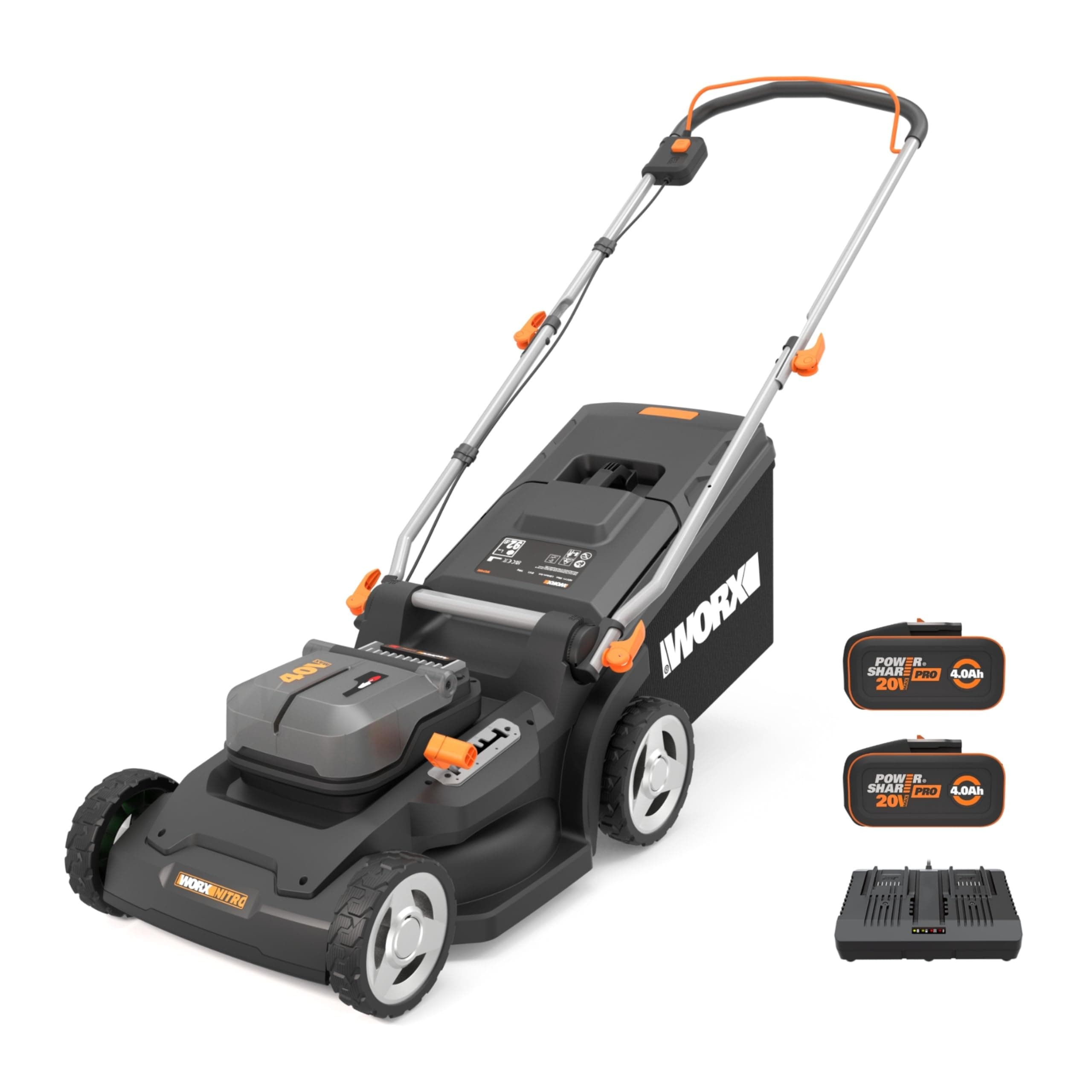 WORX Tondeuse à Gazon sans Fil 40V WG745E, Surface Max 500 m², Lame 41cm, Coupe jusqu'aux Bordures, 6 Hauteurs de Coupe, Bac de 50L, poignées Pliables, 2 Batteries 4Ah, Chargeur Rapide