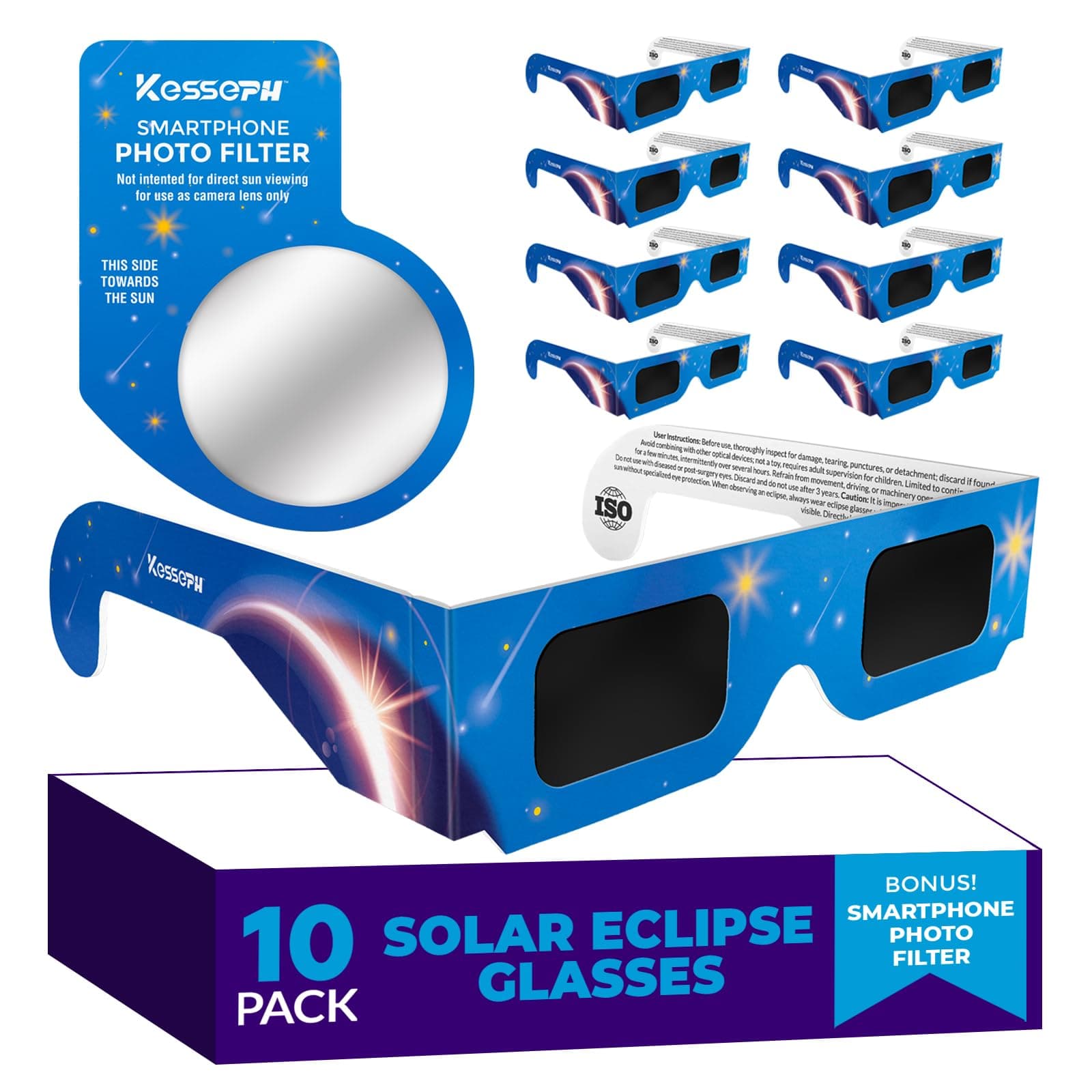 Kesseph Sonnenfinsternis-Brillen 2026 (10er-Pack) – CE- & ISO-zertifizierte Schutzbrillen für die sichere Sonnenbeobachtung, inkl. Smartphone-Filter, Design: Blaue Sterne