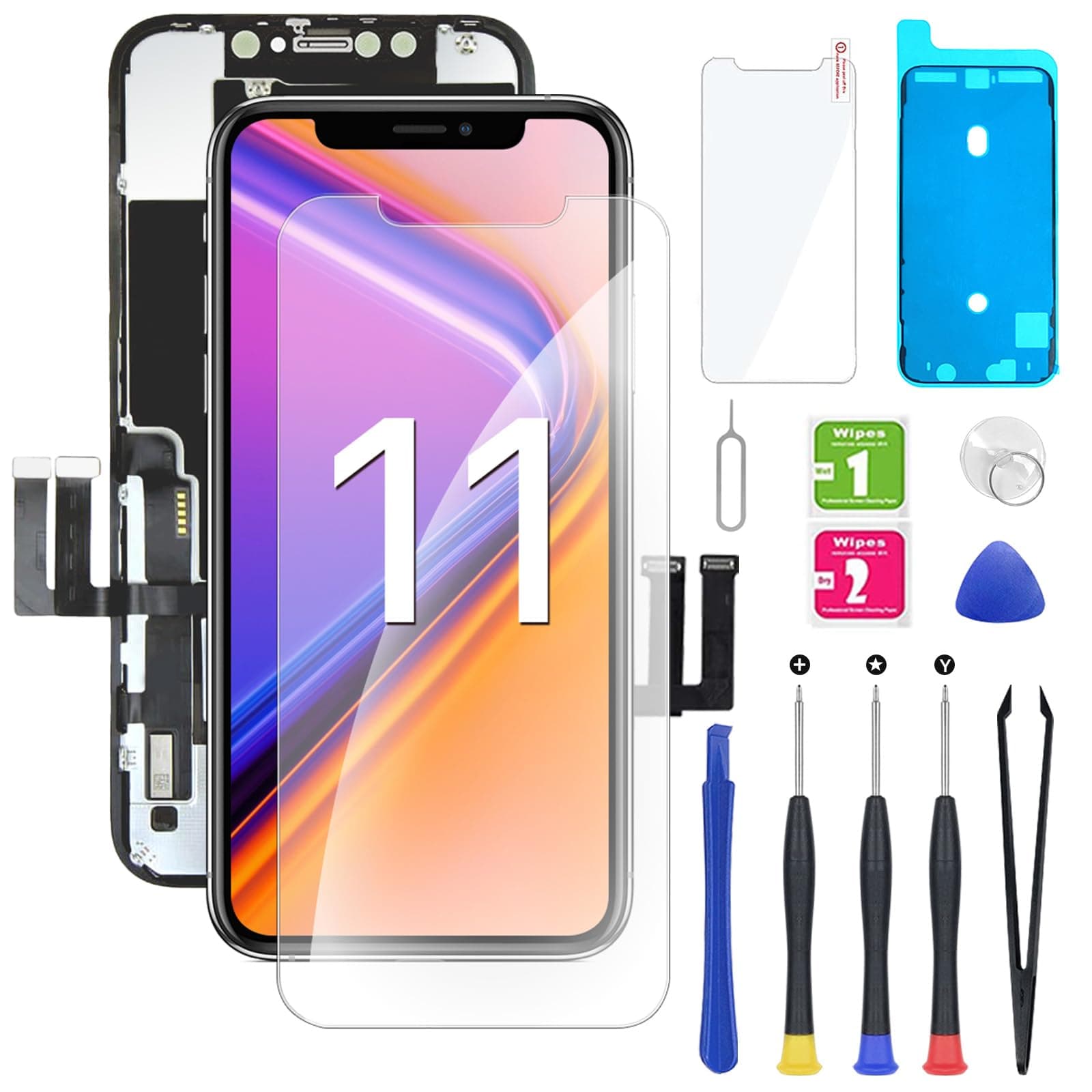 EXW Ecran pour iPhone 11 Noir 6.1" Pouces -Écran Tactile Digitizer Assembly avec Kit De Réparation Complet et Protecteur D'écran,A2111, A2223, A2221
