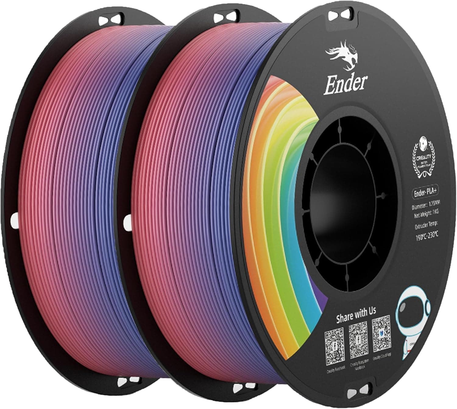 Creality Filamento para impresora 3D Rainbow PLA+ 2 kg, 1,75 mm, precisión dimensional +/- 0,02 mm, sin enredos y sin nudos, degradados, compatible con la mayoría de impresoras 3D FDM