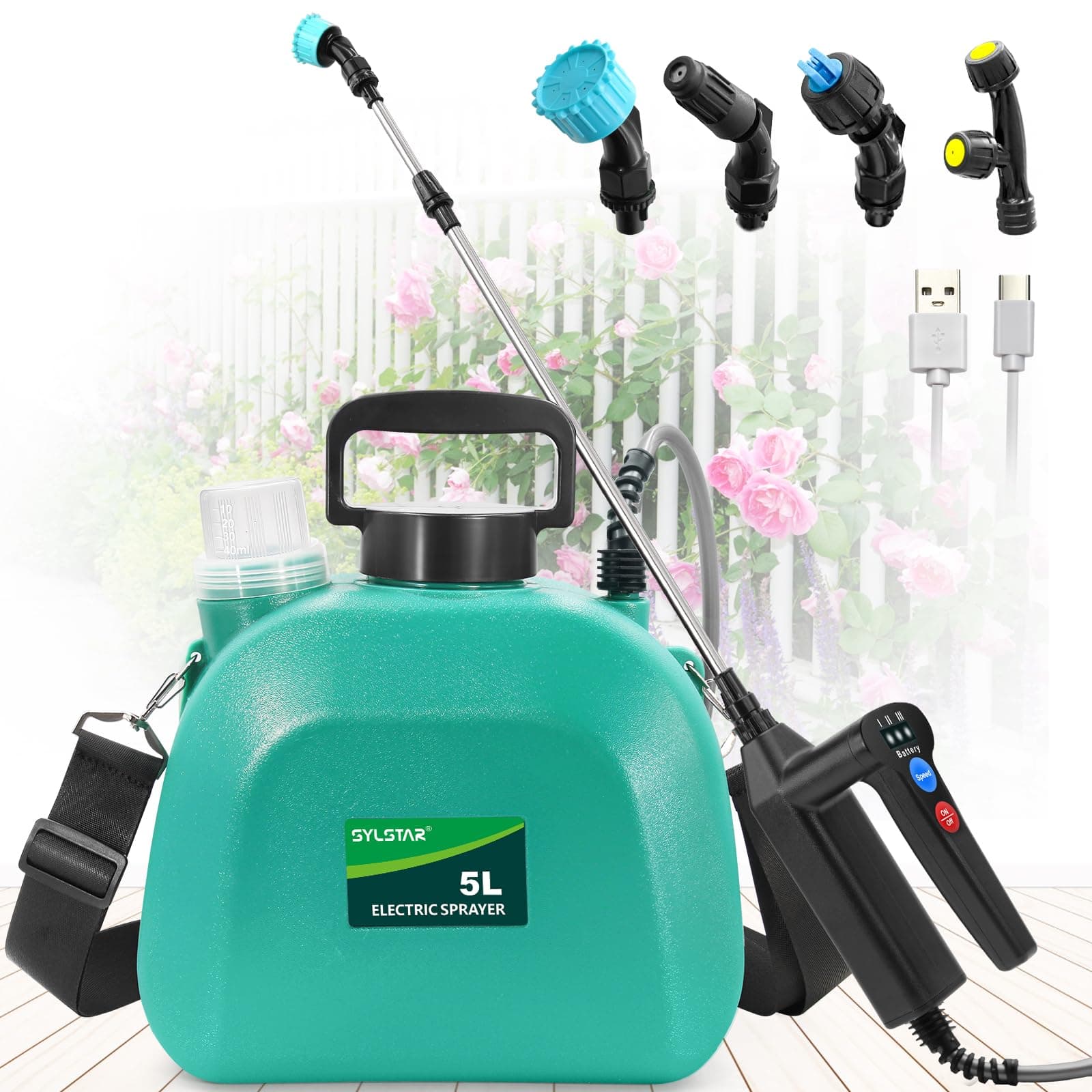 SYLSTAR Pulverizador 5 litros, 3 Velocidades Pulverizador Electrico con 3 Boquillas, 7.4V Sulfatadora Electrica a Bateria Recargable, Fumigadora Pulverizador Portátil para Jardín Huerto Riego (Verde)