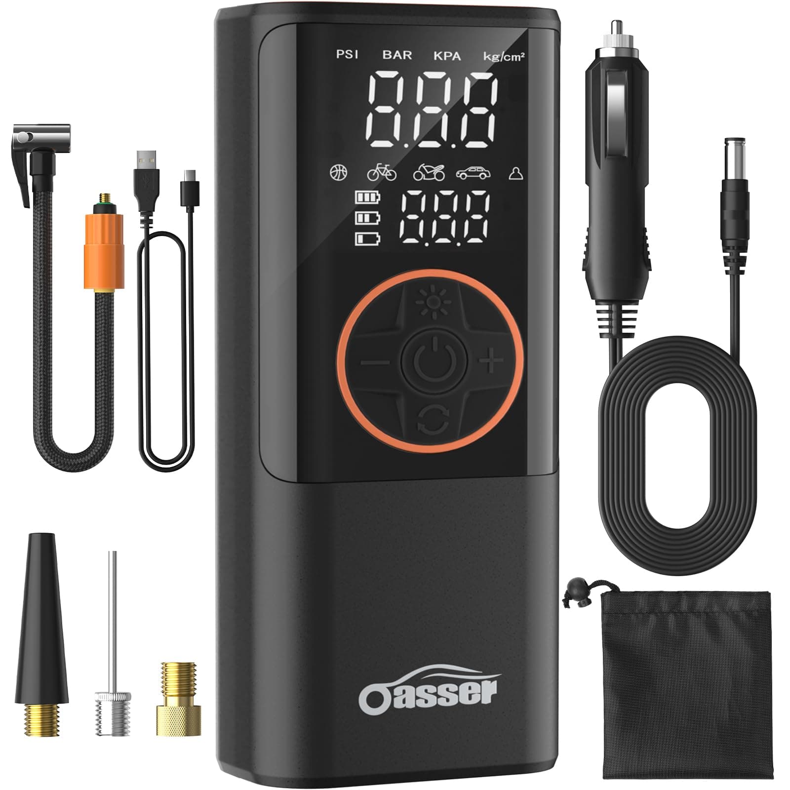 Oasser Compresor Aire Portatil Pequeño 6000mAh 150PSI, Cable Encendedor 3M | Pantalla LCD Doble Visualización Parada Automática Bolsa Almacenamiento para Coche Moto Bicicleta Bola