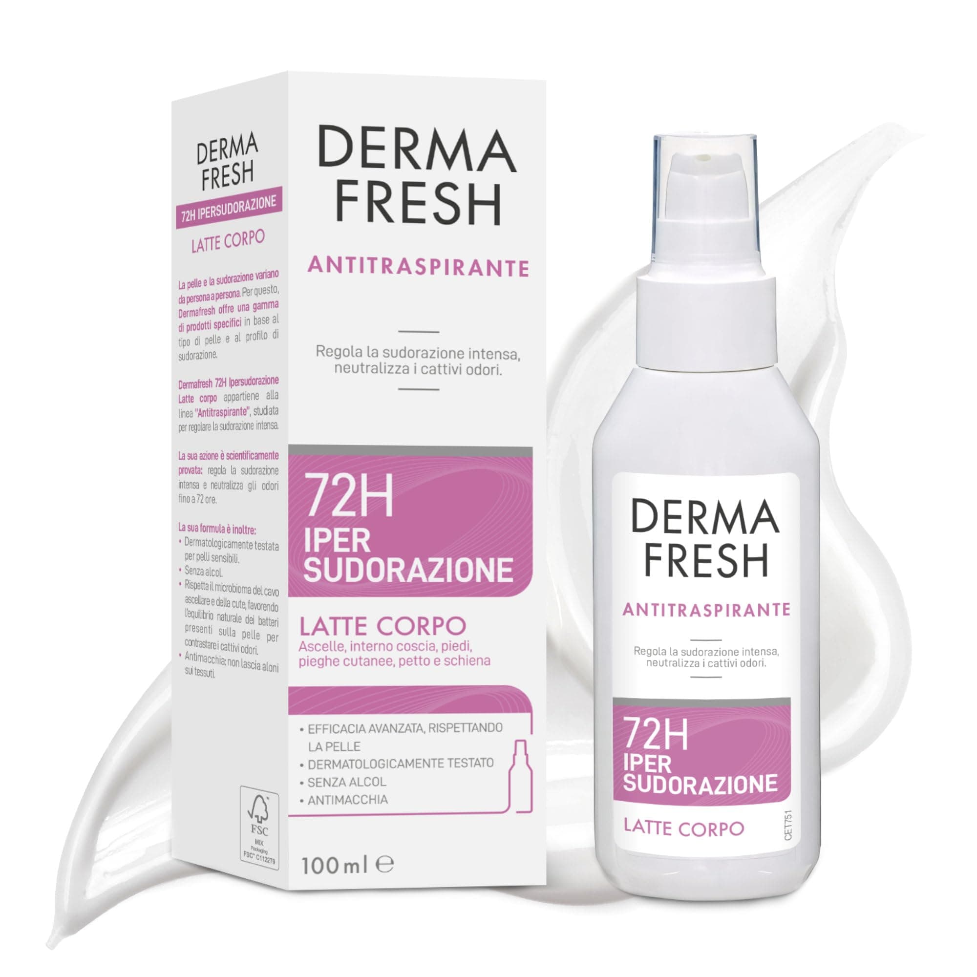 Dermafresh Ipersudorazione Efficace 72H, Deodorante Antitraspirante, Latte Corpo, 100 ml, No Alcol, Antimacchia, Delicato sulla Pelle, Contro Sudorazione e Cattivi Odori, Dermatologicamente Testato