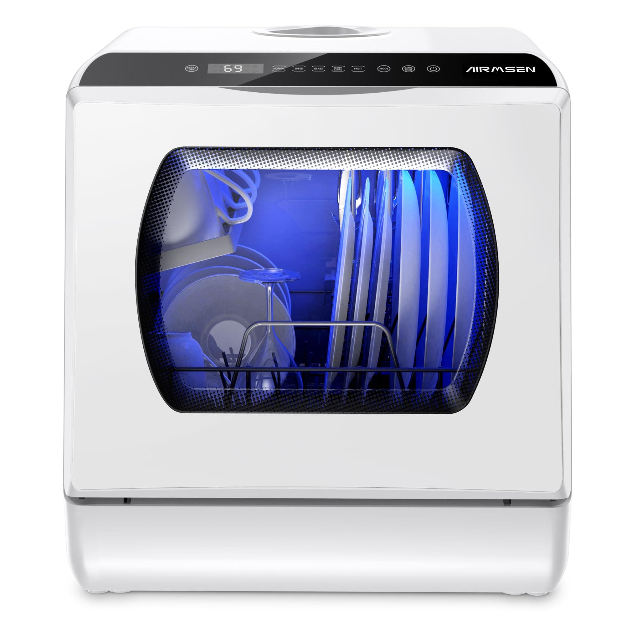 AIRMSEN Mini Lavastoviglie da Tavolo 5+1 Programmi, Serbatoio 5L, 2 Modi di Approvvigionamento Idrico, Touch Control e Display LED, Ideale per Cucine, Appartamenti e Dormitori, Bianco