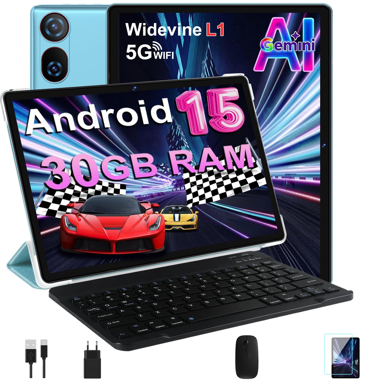 DMOAO Tablet 10 Pulgadas Android 15 con Gemini AI, 30 GB RAM + 2 TB ROM Expansión, 5G WiFi, GPS, Widevine L1, Octa-Core, BT 5.0, 6000mAh, USB-C, FHD Tablet con Teclado+ Ratón + Funda, Azul