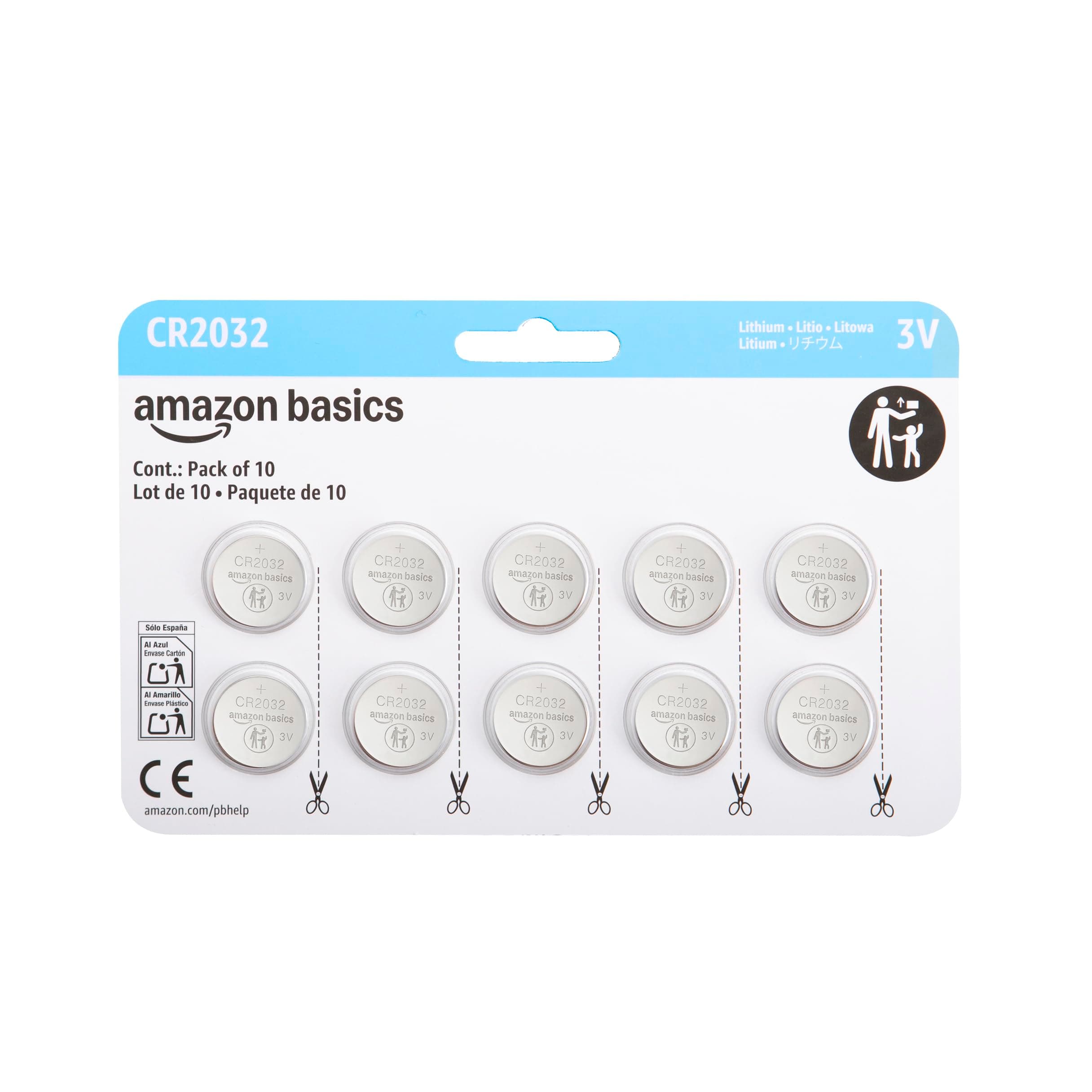 Amazon Basics, 10 batterie a bottone al litio CR2032, 3 Volt, lunga durata, senza mercurio