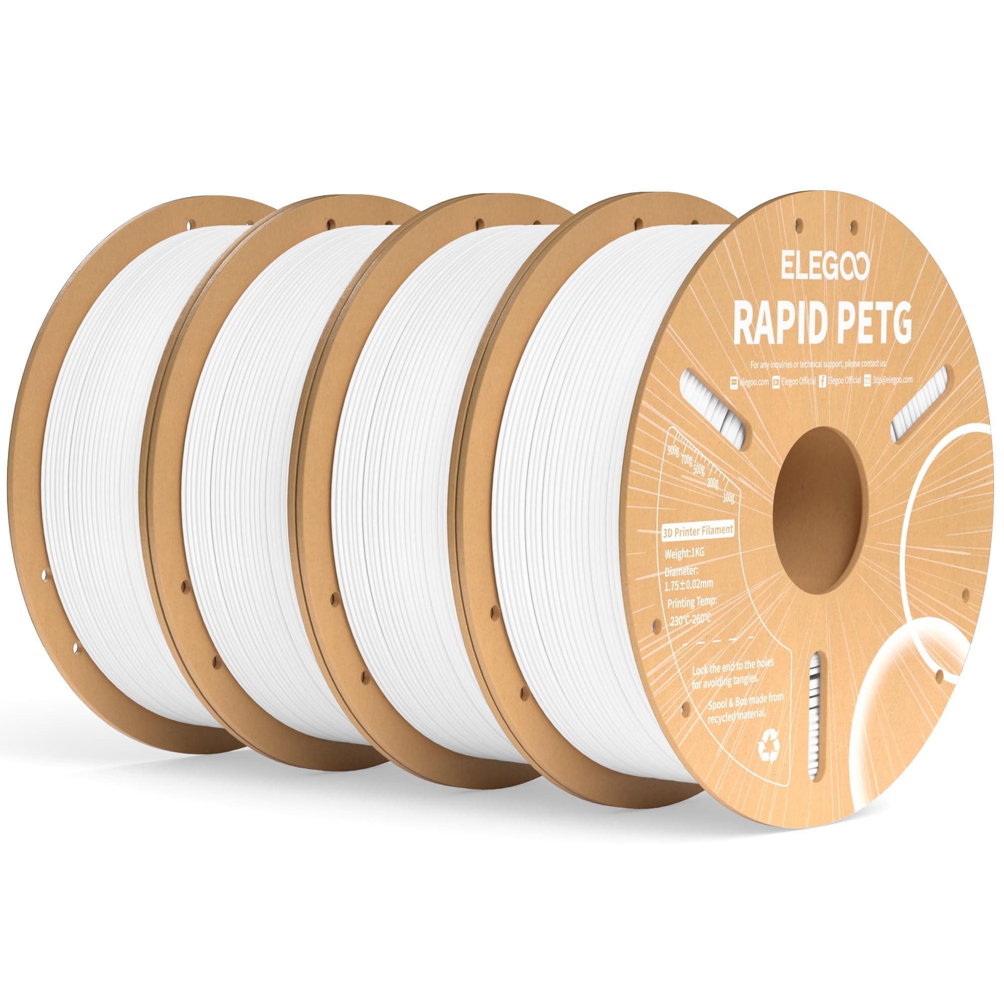 ELEGOO Filamento PETG Rápido 1.75 4KG Blanco, PETG de Alta Velocidad 30-600mm/s para Impresora 3D, Precisión Dimensional +/- 0.02mm, Carrete Filamento 3D, para Mayoría Impresoras 3D
