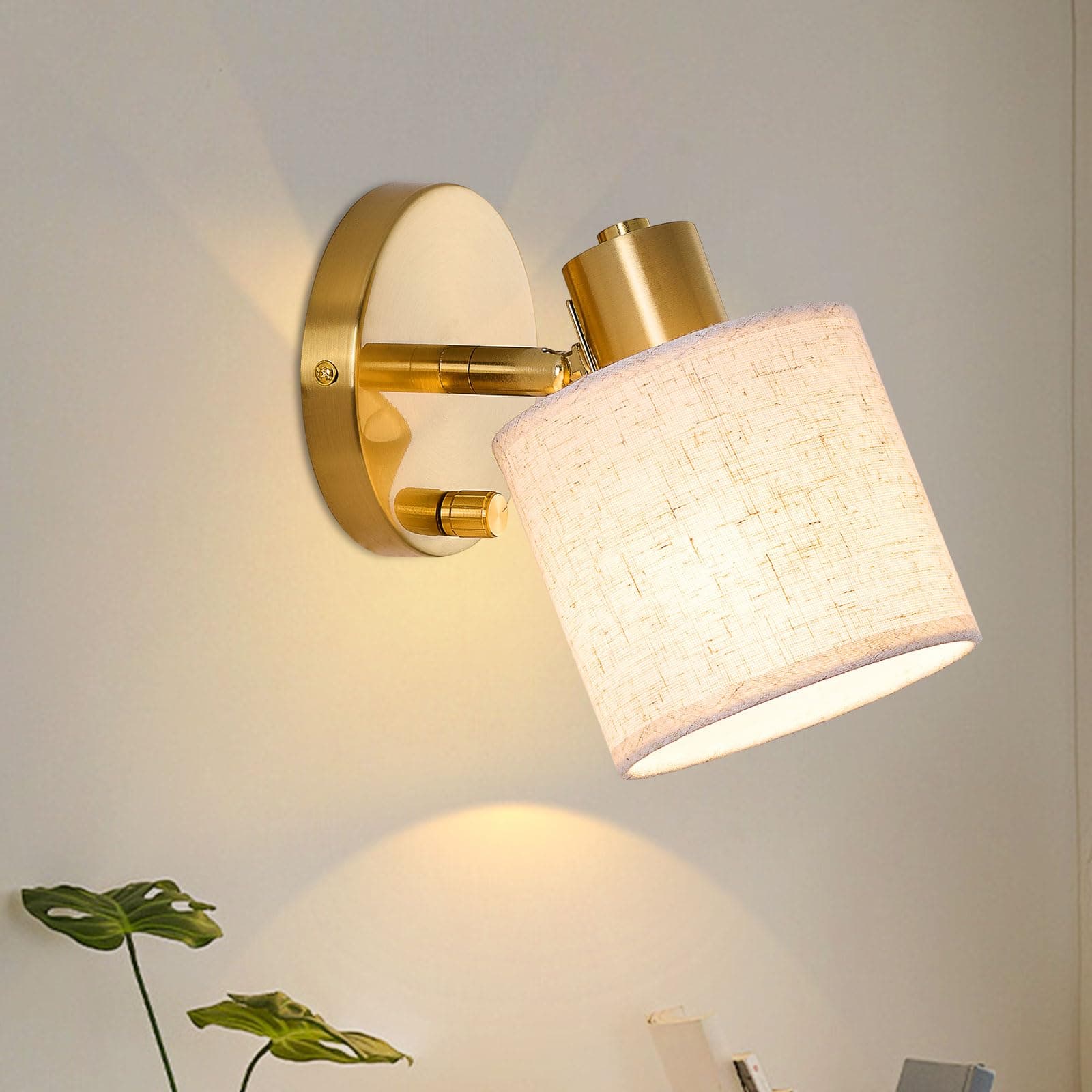 Lightess Oro Aplique Pared con Interruptor Dormitorio Regulable Vintage E27 | Dorada Lámpara de Pared Interior, Pantalla de Lino Beige, Giratorio, Salón Lamparas de Mesita de Noche, Rusticos