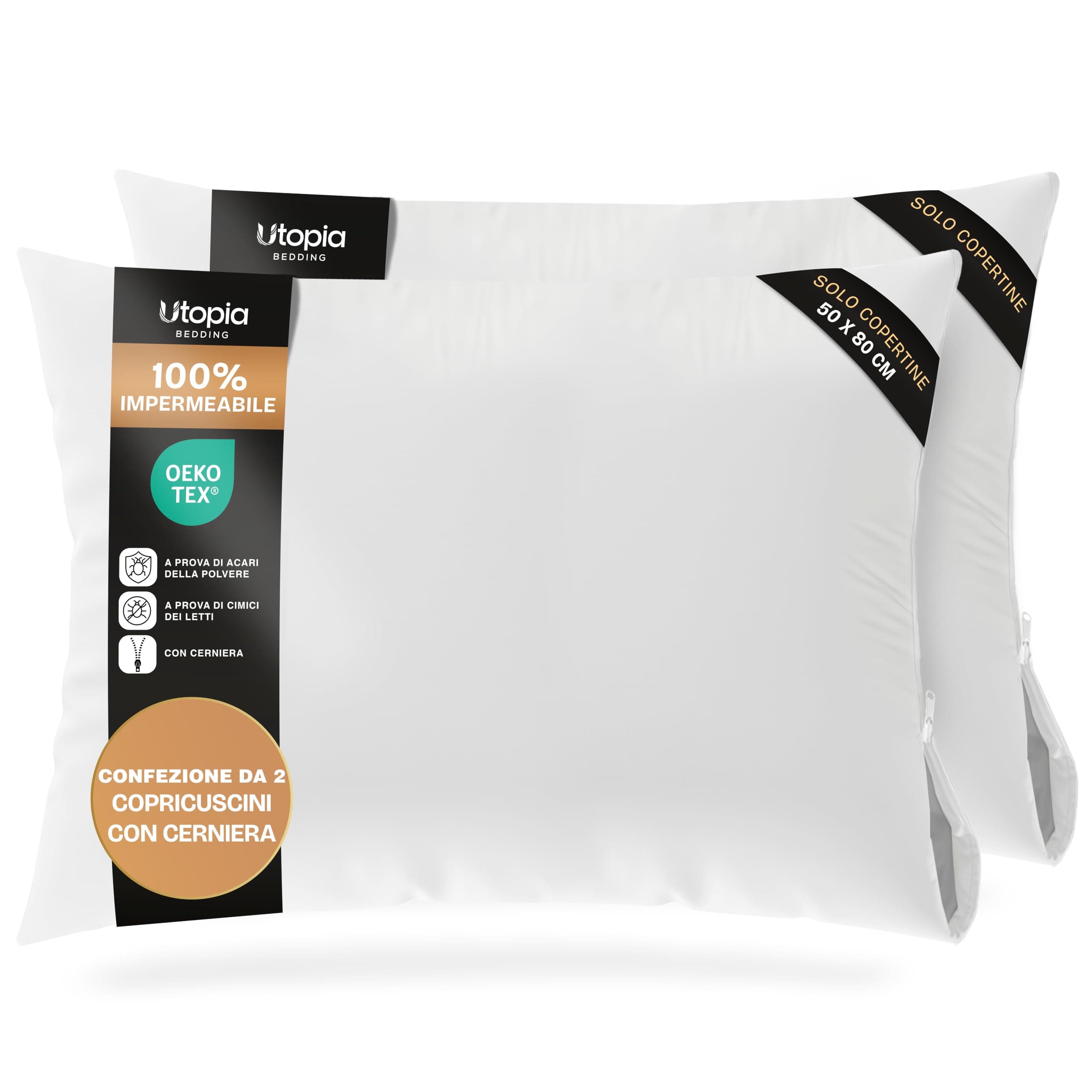 Utopia Bedding Copricuscini Impermeabili 50x80 cm (Set di 2) con Cerniera, Federe Cuscini Letto Certificato Oeko-TEX