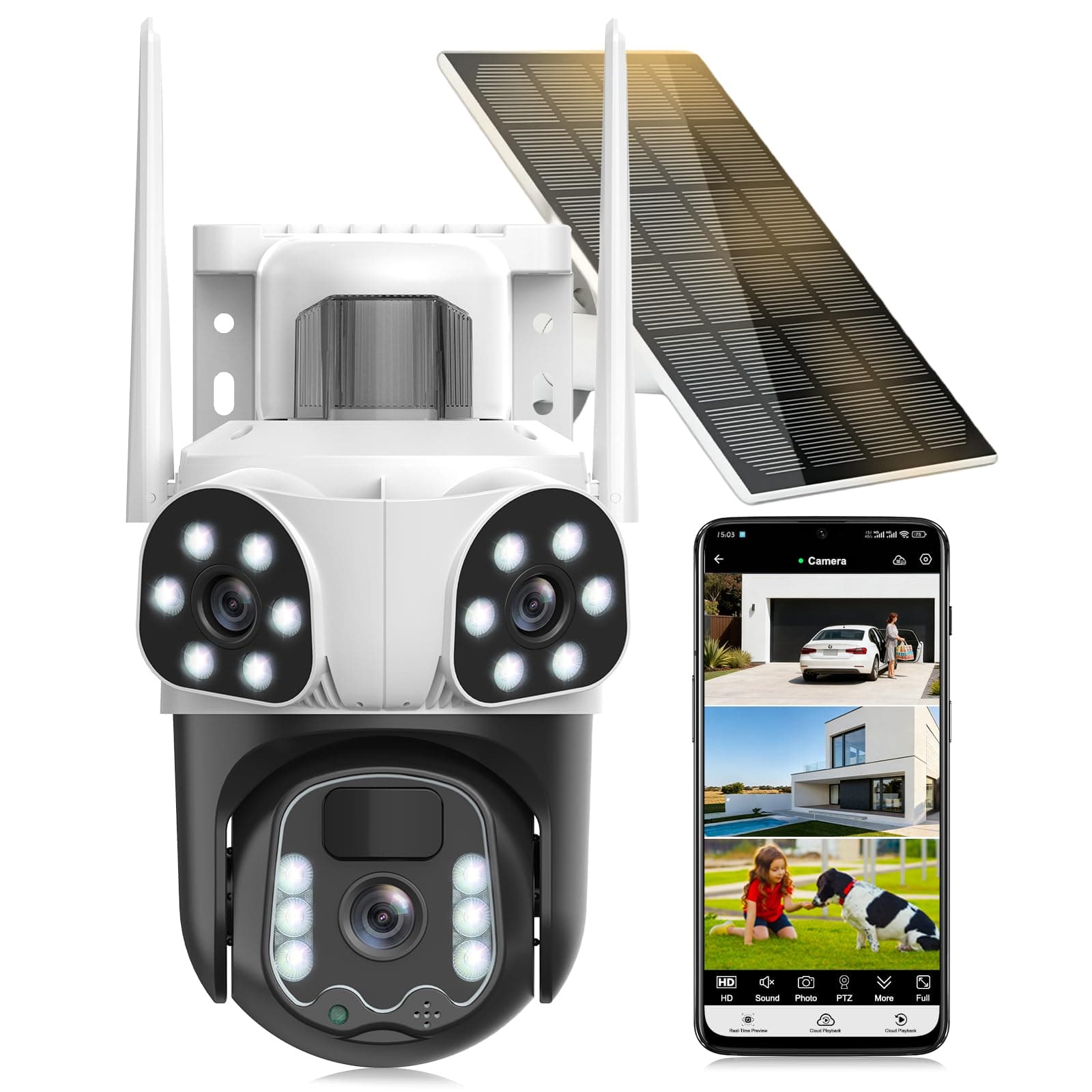 8MP Camera Surveillance WiFi Exterieure sans Fil,à triple objectif/Camera Solaire/Batterie,2.4/5G WIFI,360° PTZ Sécurité à Domicile,Vision Vocturne,Alarme,Audio Bidirectionnel,Suivi Automatique,IP66