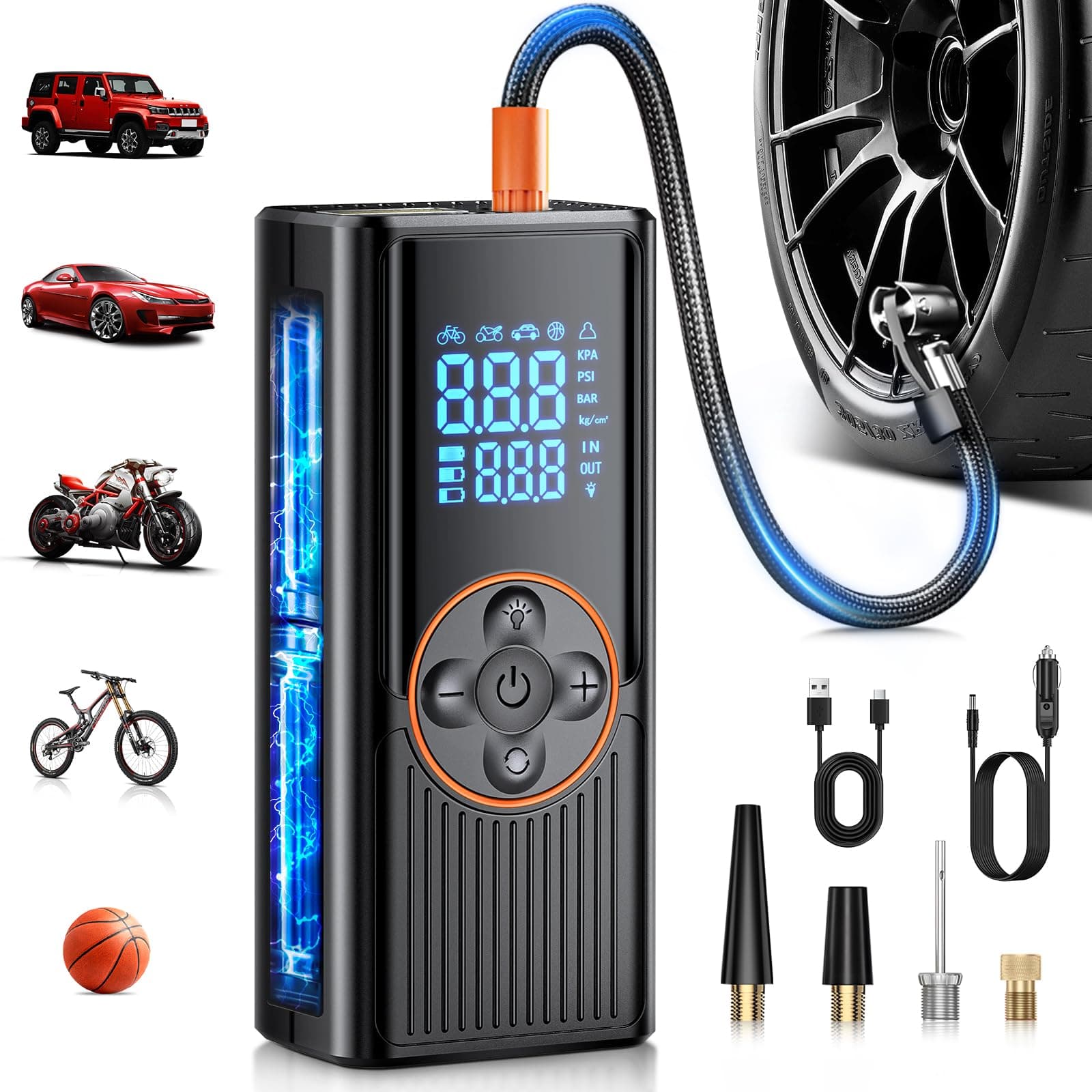 Compresor Aire Portátil 8000mAh, 150PSI Inflador Ruedas Coche, Inflador Electrico Bicicleta de Doble Alimentación con Pantalla Digital y Luz LED, Apagado Automático para Coche, Moto, Bicicleta, Pelota