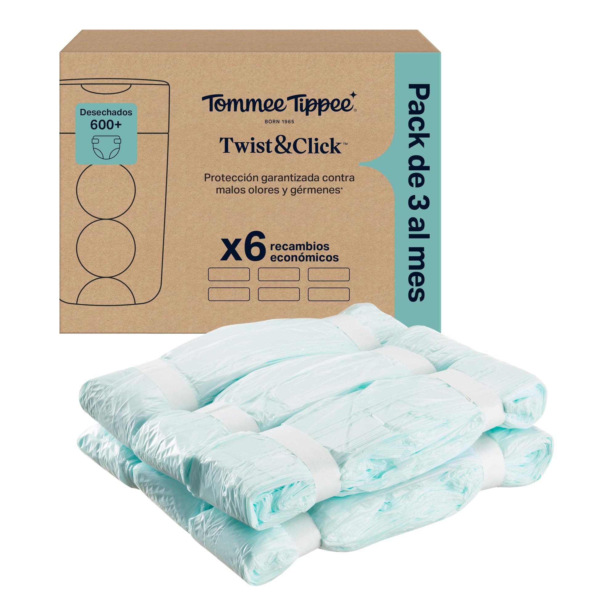 Tommee Tippee Bolsas de recambios para contenedor de pañales Twist & Click | Pack de 6 láminas multicapas antibacterianas* de 10, 6 x 10, 5 m