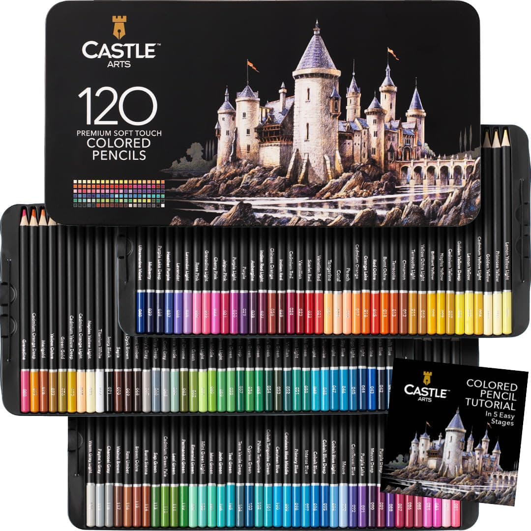 Castle Art Supplies Set de 120 Crayons de Couleur | Mines Tendres Colorées pour Adultes – Artistes, Professionnels et Coloristes | Protégés et Organisés dans une Boîte de Présentation