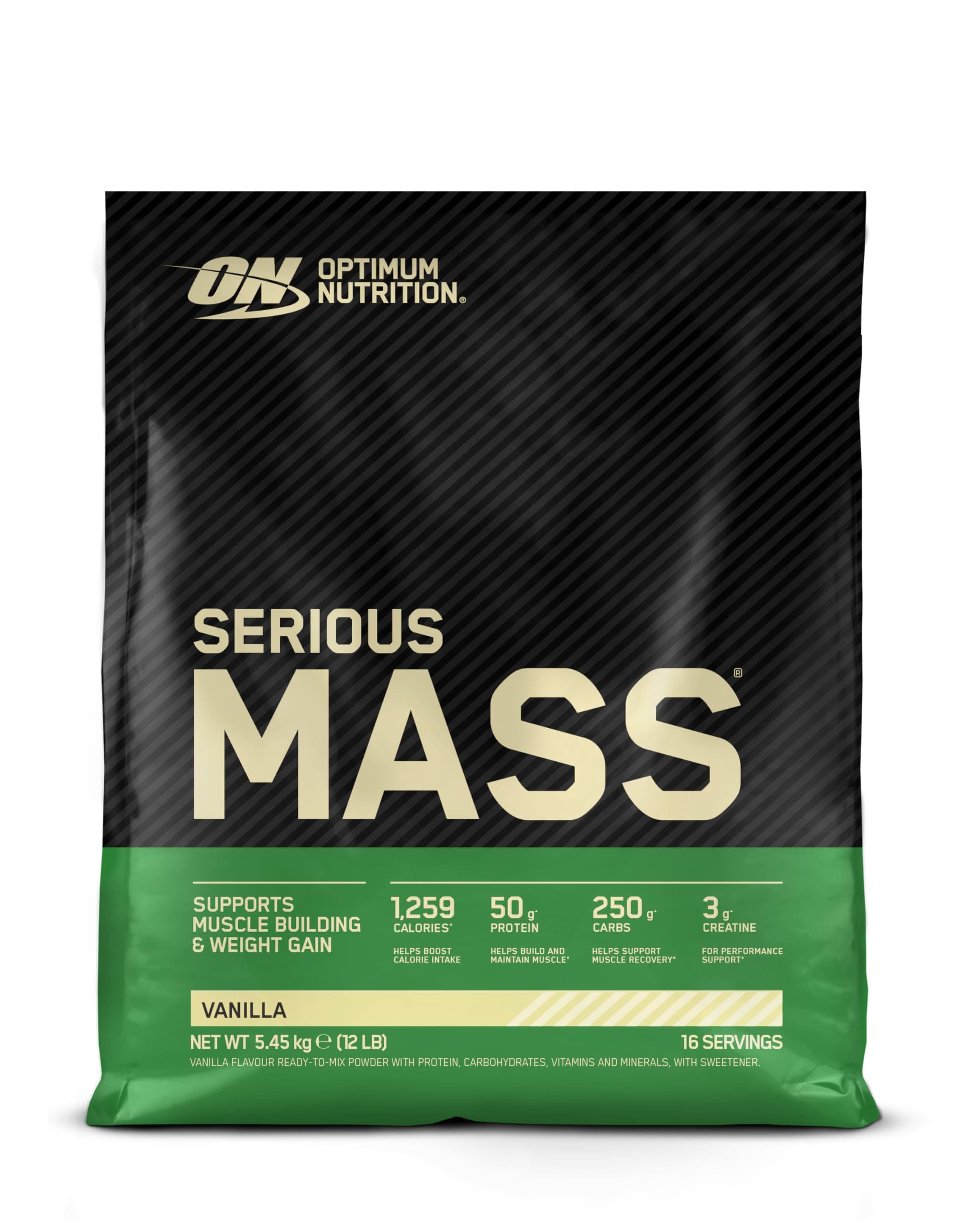 Optimum Nutrition Serious Mass Proteine in Polvere ad Alto Contenuto Calorico per Aumentare il Peso, con 25 Vitamine e Minerali, Creatina Monoidrato e Glutammina, Gusto Vaniglia, 16 Dosi, 5,45 kg