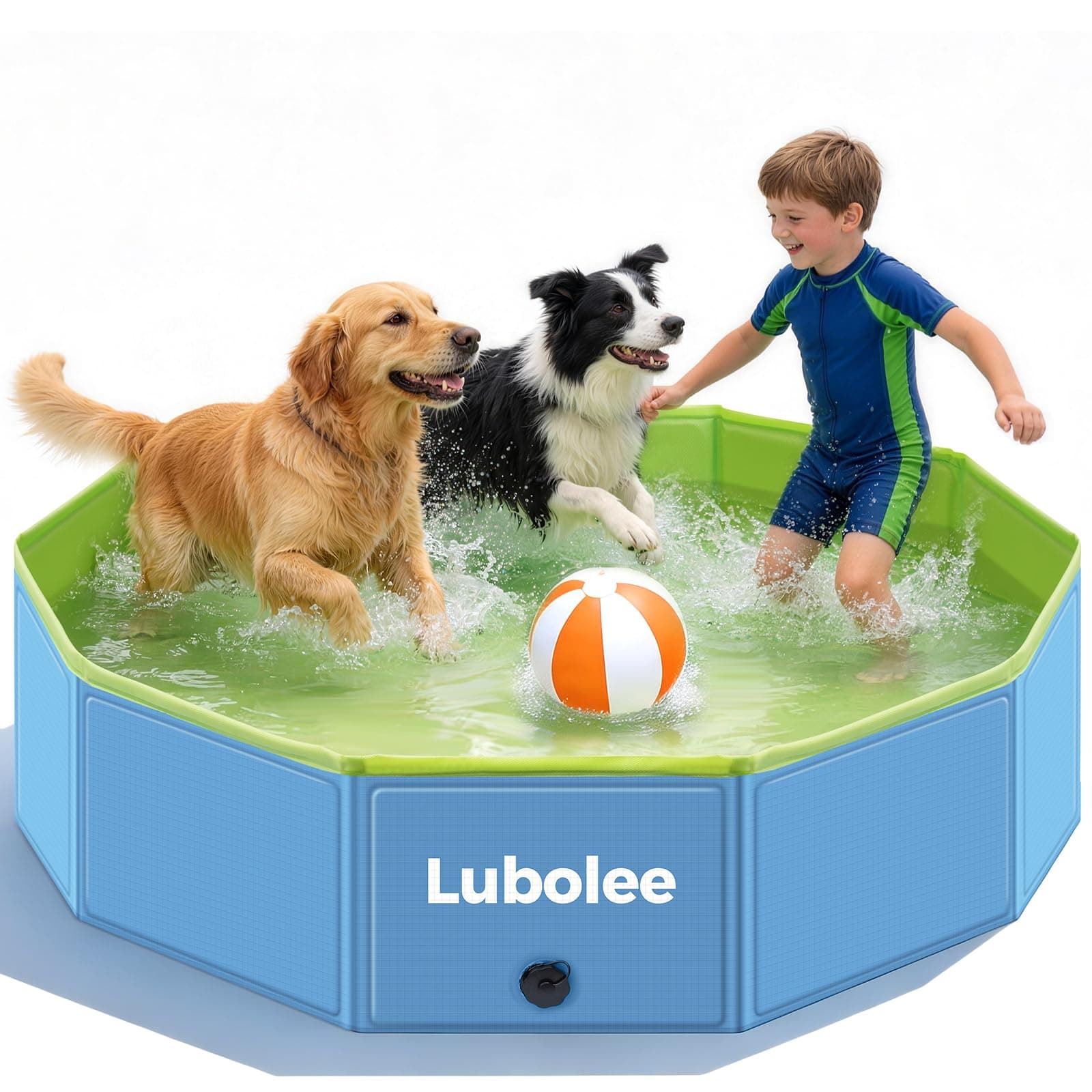 Lubolee Piscina Plegable para Perros, Piscina Perros Grandes Antiarañazos de PVC con Doble Pared, Piscina Portátil Perros & Niños con Sistema de Drenaje para Jardín, Camping, Playa y Verano (120x30cm)