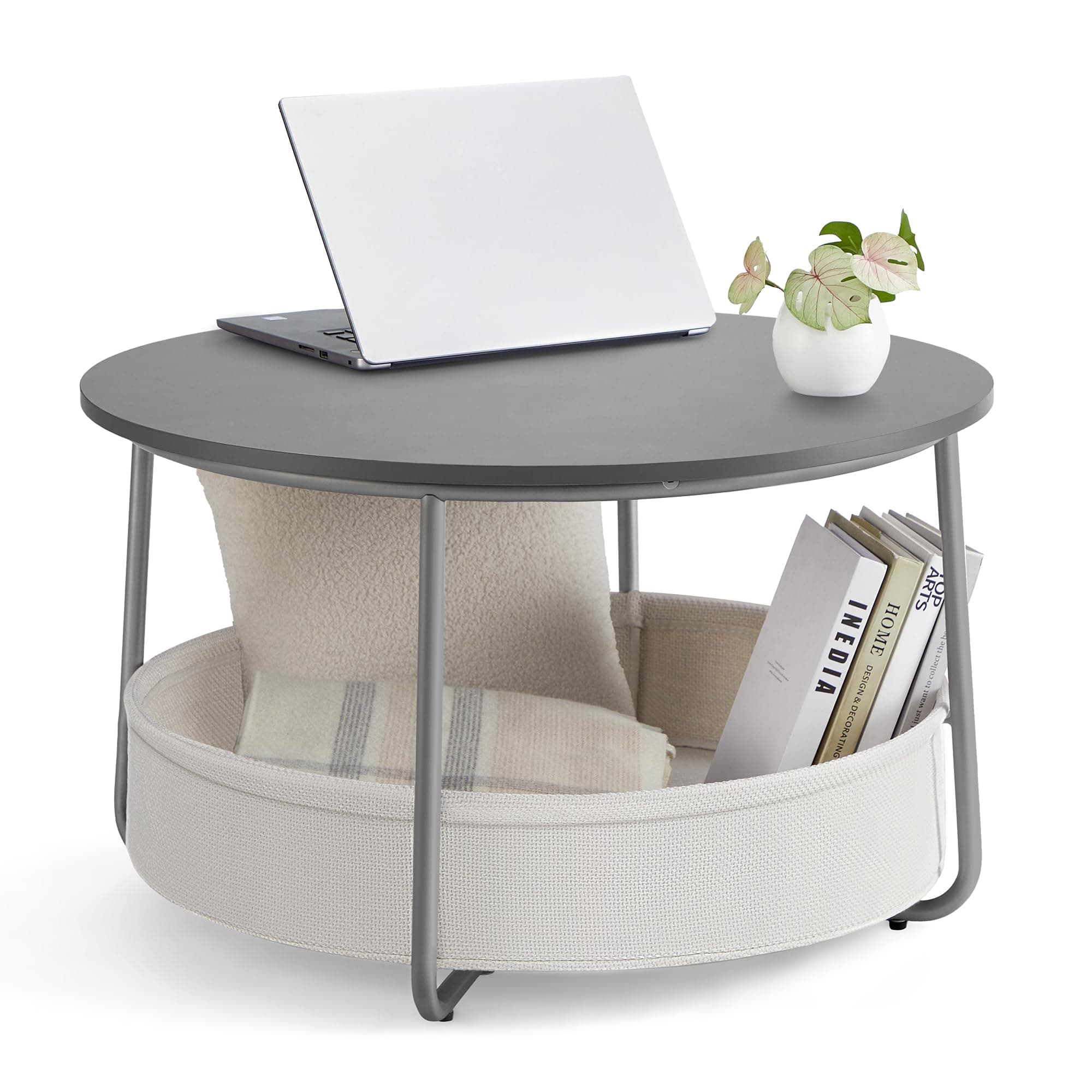 VASAGLE Couchtisch rund, Tisch mit Stauraum, Beistelltisch, Wohnzimmertisch mit Korb aus Stoff, modern, Metallrahmen, zementgrau-cremeweiß LCT244G01
