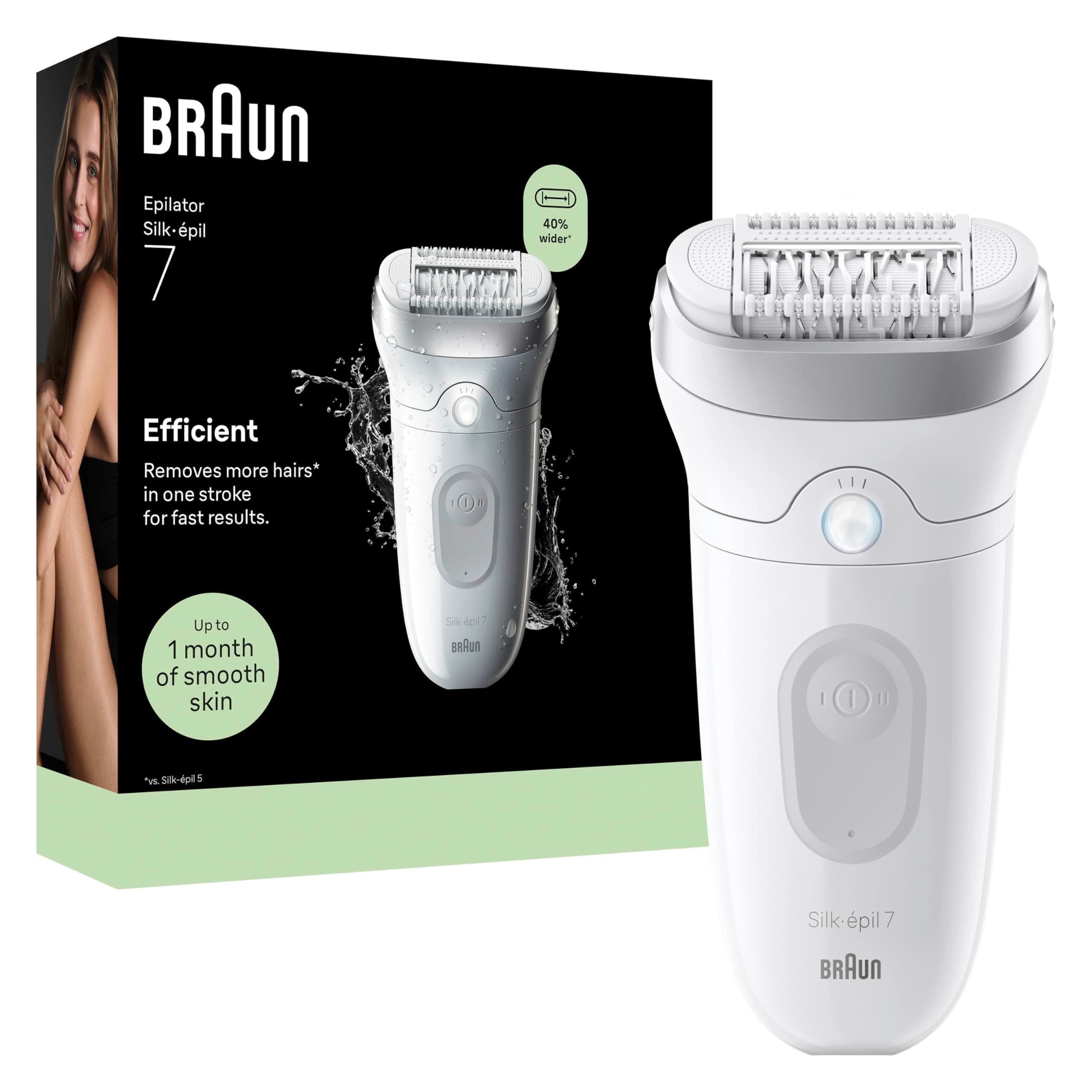 Braun Epilateur Electrique Femme Silk·épil 7, Argent, Etanche, Tête Large Pour Epilation Facile, Embout Rouleau De Massage, Coffret Avec Un Accessoire De Précision, 7-011