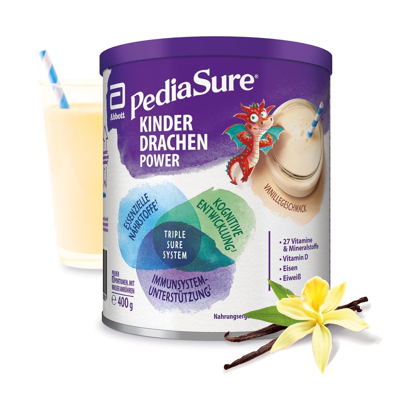 Pediasure Kinder Drachen Power Vanille 400g| leckerer Nahrungsergänzungsshake für Kinder ab 1 Jahr|mit 27 Vitaminen & Mineralien, Protein und triplesure Komplex|Verpackung kann variieren