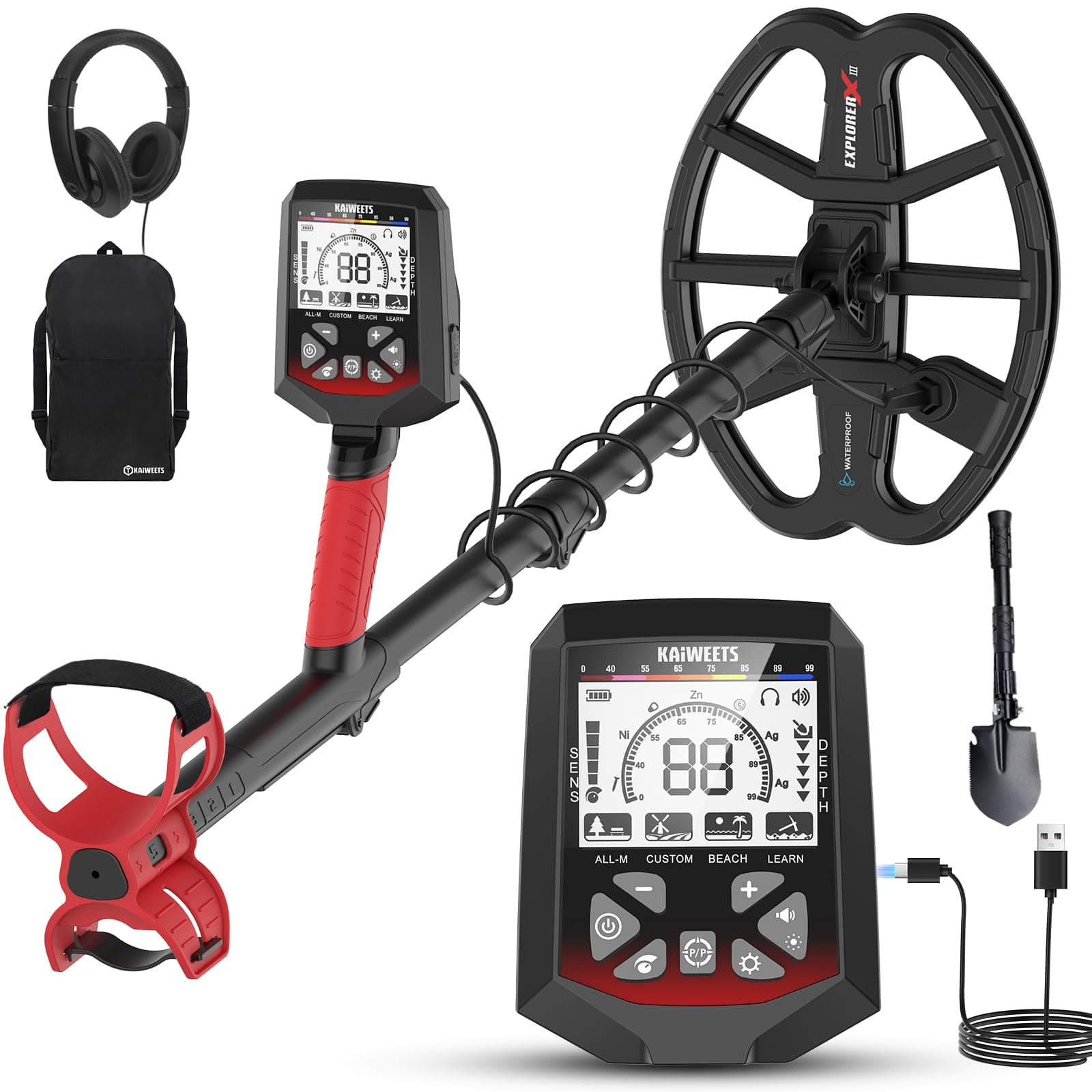 KAIWEETS Détecteur de Métaux, 5 Modes de Détection, Bobine Double-D 11" Étanche IP68, Batterie Rechargeable, Kit Complet avec Pelle Renforcée, Casque et Housse de Pluie, Idéal pour Plage