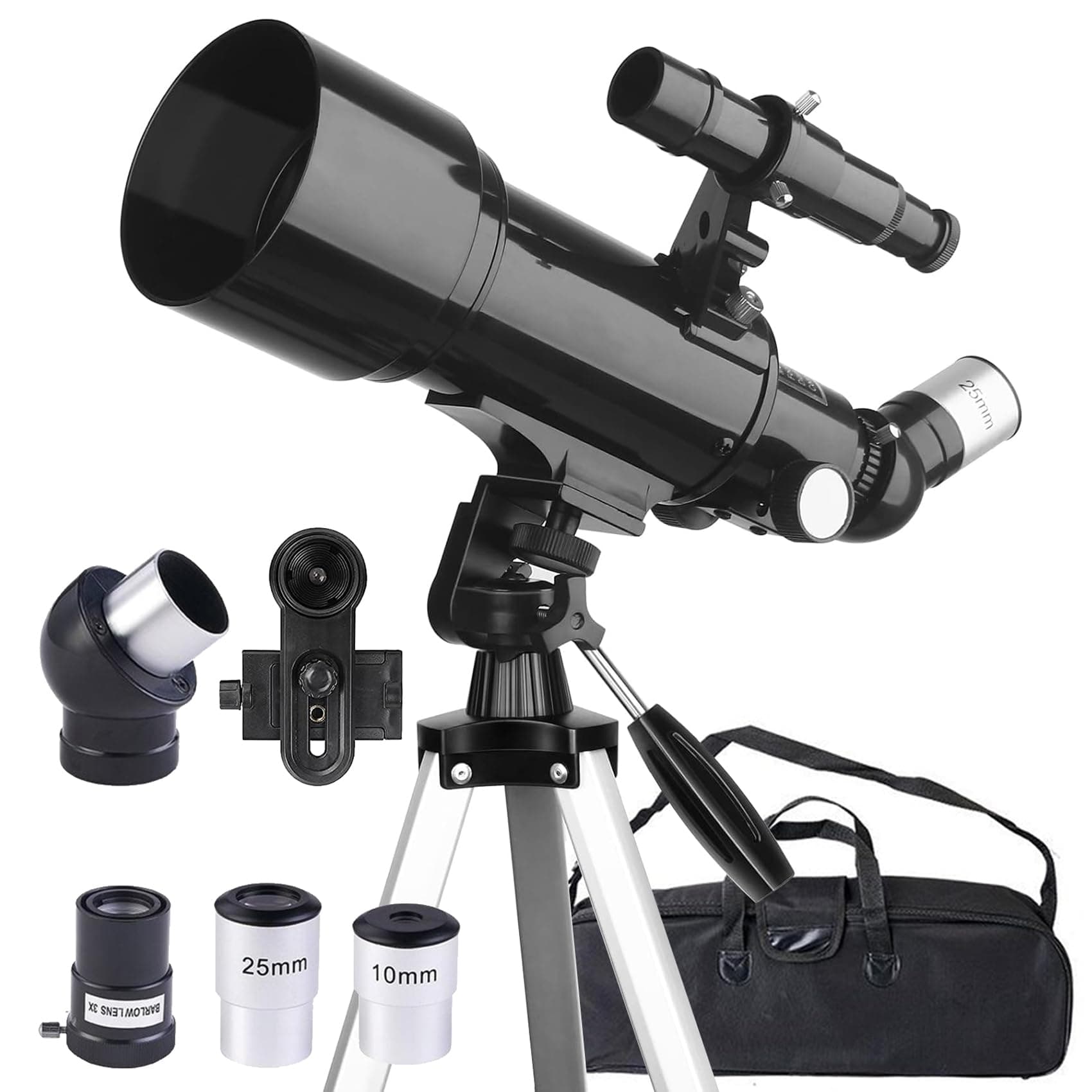 Misilmp Telescopio 70mm Apertura 400mm Telescopios para Adultos Principiantes Astronomía con Lentes, Visor, Trípode, Bolso, Soporte Móvil, Portátil Refractor Telescopio para Niños & Adultos (Negro)