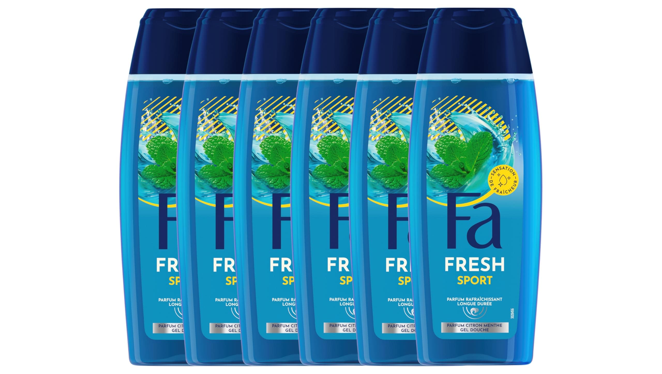 Fa, Gel Douche Homme Parfume Rafraichissant, Fresh, Sport, Sensation de Fraicheur, Parfum Citron Menthe, Parfum frais, Longue duree, Soin du corps formule Vegane, Bouteille de 250 ml, Lot de 6