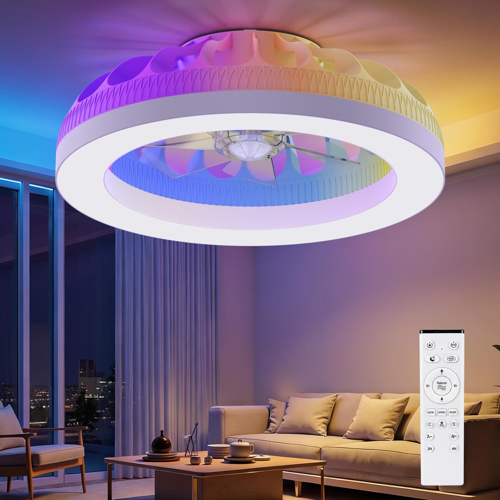 Ateroll Ventilateur Plafond avec Lumiere, 48CM RGB Lustre Ventilateur de Plafond avec Télécommande, Ventilateur Silencieux à 6 Vitesses avec Temporisateur et Mémoire, Ventilateur Réversible 3000-6500K