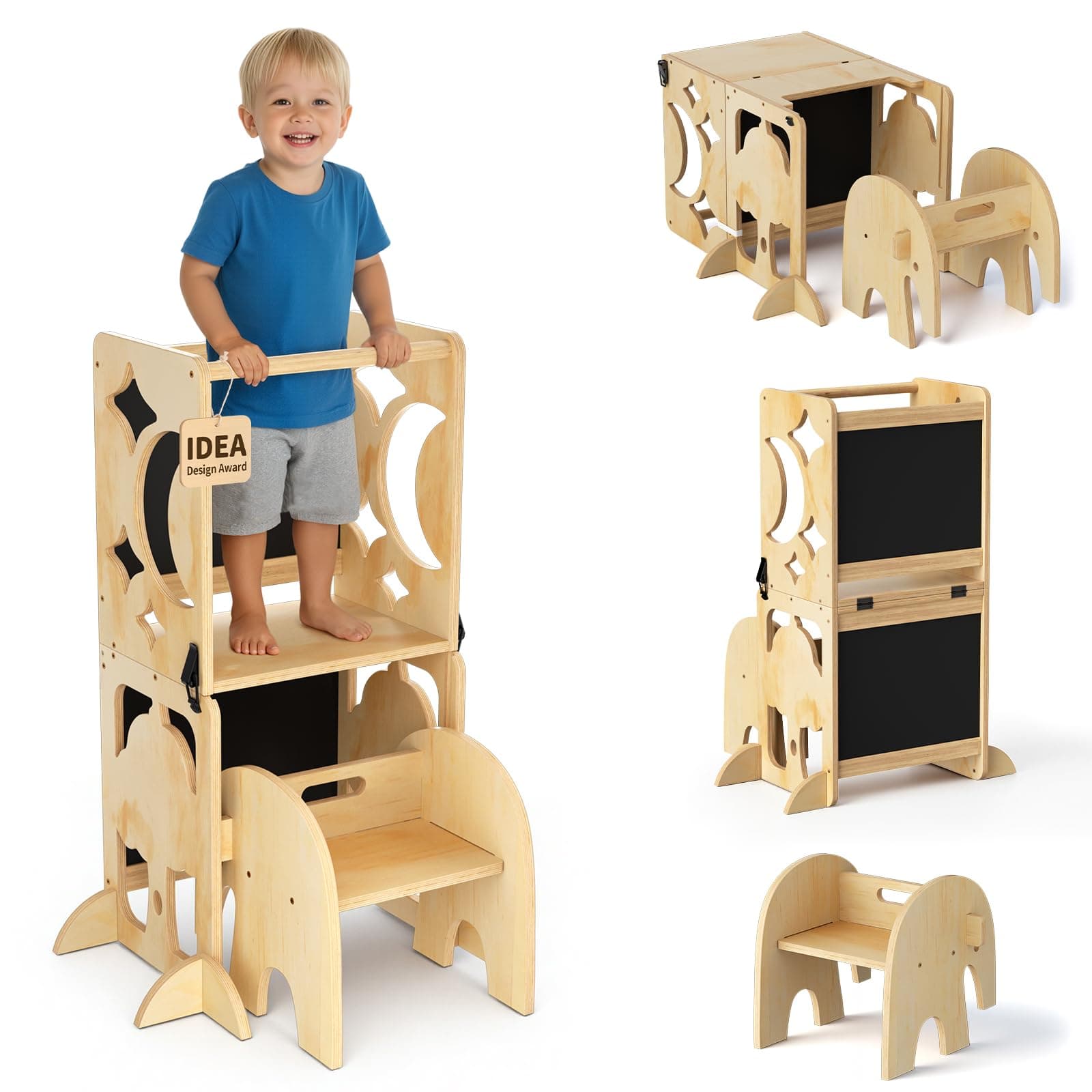 COSYLAND Torre Educativa Bambini, 4-in-1, L, Naturale Classico | Piedini anti-ribaltamento, gradini antiscivolo, aiuta a partecipare alle attività in cucina