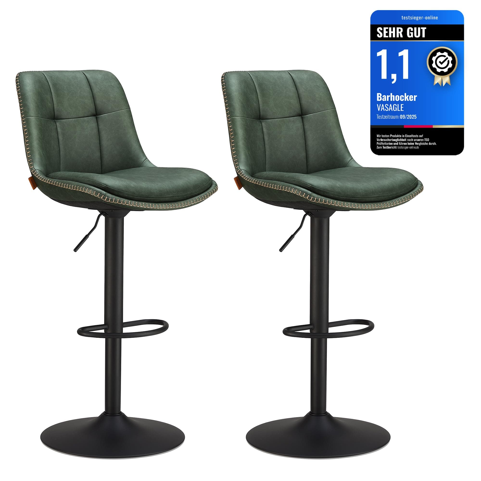VASAGLE Barhocker 2er Set, Barstühle höhenverstellbar, drehbare Küchenhocker, PU-Bezug, mit Rückenlehne und Fußstütze, Esszimmer, Theke, Stahl, höhenverstellbar 65-85,5 cm, waldgrün LJB095C01