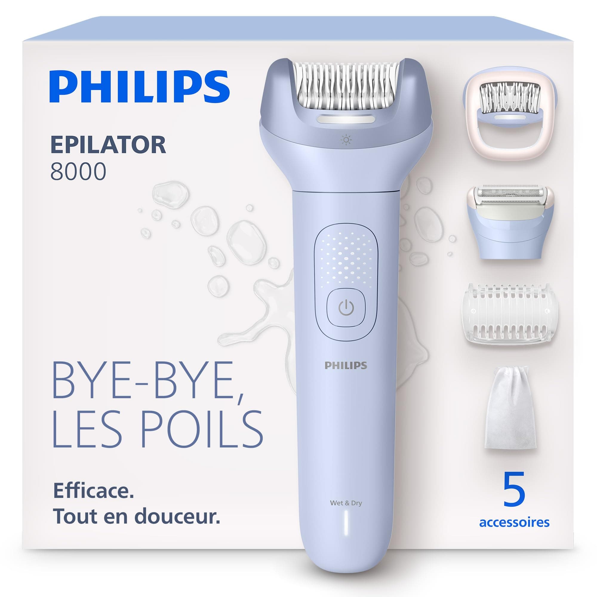 Philips Épilateur série 8000 – épilateur électrique sans fil, utilisation sur peau sèche ou humide, épilation des jambes et du corps, avec ProGuide, 5 accessoires, autonomie 60 min, modèle BRE709/00