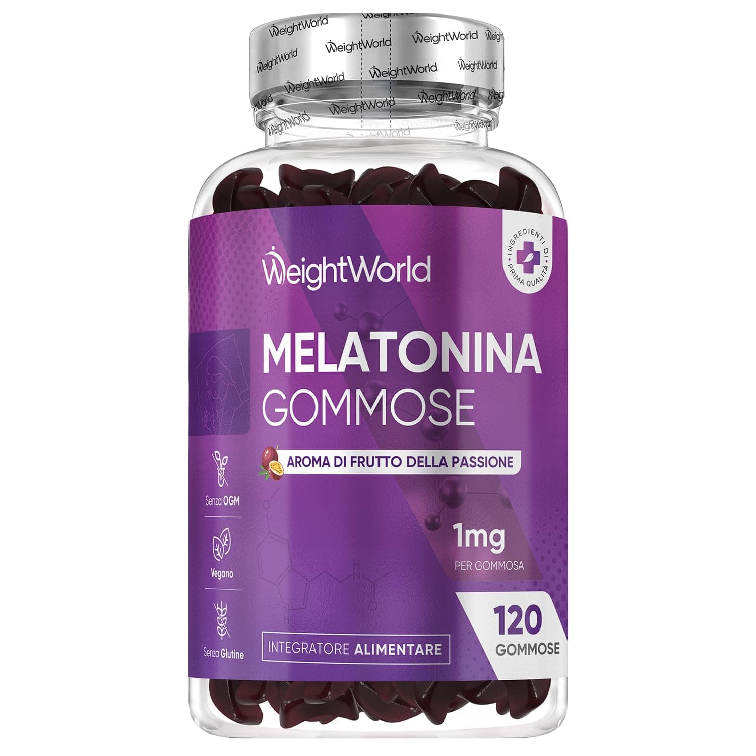Melatonina Gommose, 120 Caramelle Vegane da 1mg (1 Sola la Sera), 4 Mesi di Scorta, Melatonina Complex con Vitamina B6 e Passiflora, Delizioso Aroma di Frutto della Passione, Senza Magnesio Stearato