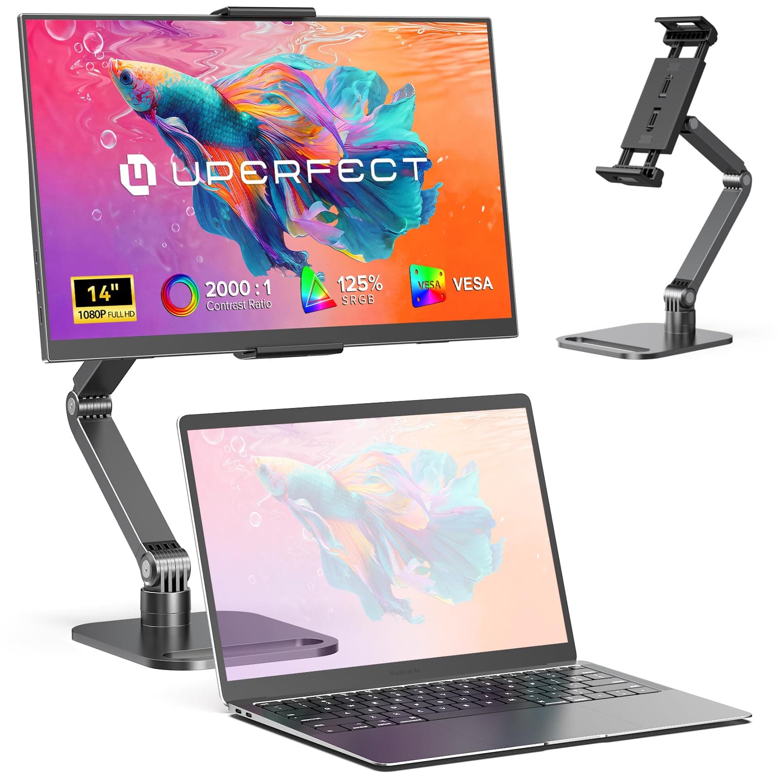 UPERFECT Monitor Portátil 14" 125% sRGB con Soporte Metálico Plegable, 2000:1 Contraste FHD HDR EyeCare Mate Pantalla Secundaria Ultradelgada para Ordenador Portátil/PC/Phone/Consolas de Videojuego