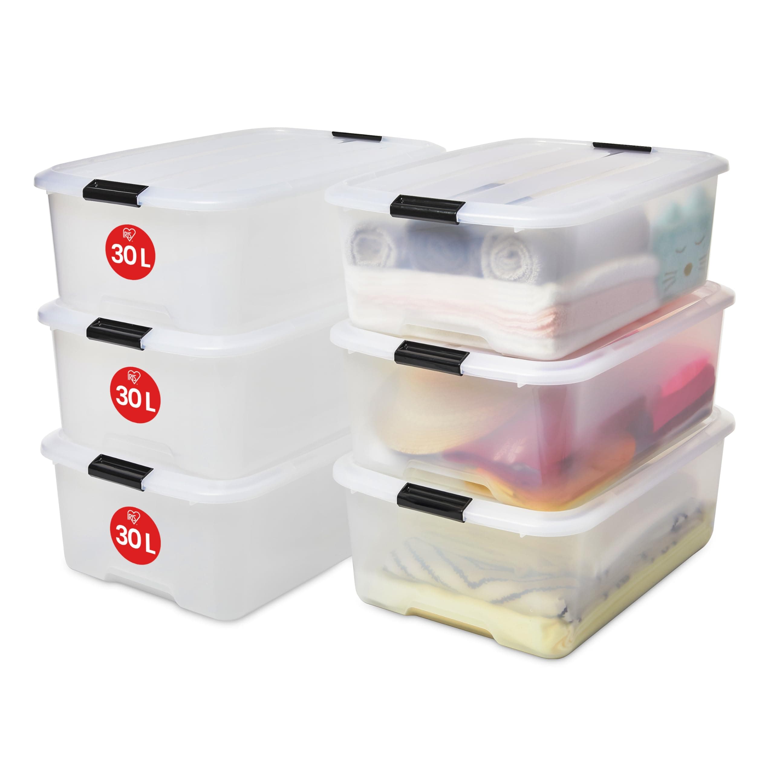 Iris Ohyama, Boite Rangement Plastique avec Couvercle, 30L, Lot de 6, Transparent, Clips de Fermeture, Poignées, Empilable, Portable, Solide & Durable, Pour Dressing, Garage, Chambre, Bureau, TB-30