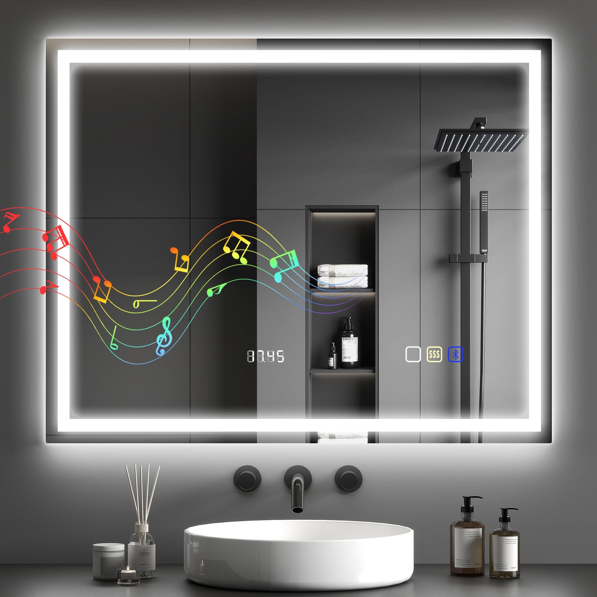 HOMCOM Miroir Salle de Bain Bluetooth avec éclairage LED 80 x 100 cm, Miroir Lumineux Salle de Bain Mural avec Interrupteur Tactile, lumière réglable 3 Couleurs, Anti-buée, mémoire - Argent