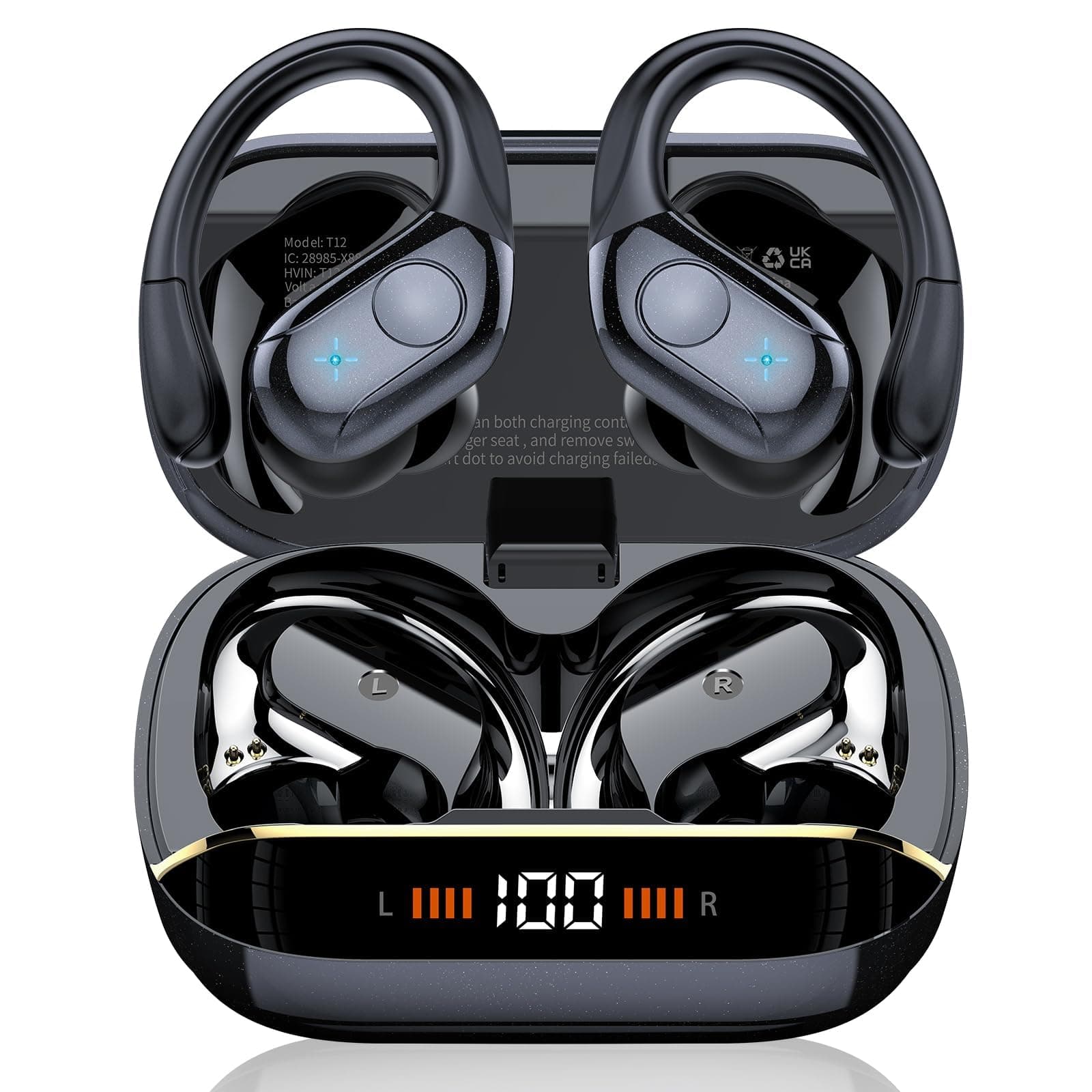 Qecnato Auriculares Bluetooth Deportivos 75H, Inalámbricos Bluetooth 5.4, HiFi Estéreo, HD Micrófono, Pantalla LED, IP7 Impermeable Auriculares Inalámbricos Ganchos para Correr,Negro