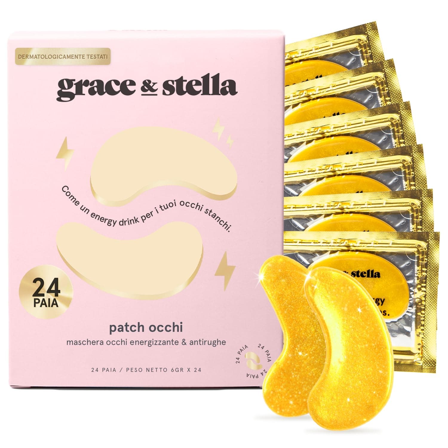 Patch Occhi (24 Paia, Oro) – Riduce Occhiaie, Gonfiori, Borse Sotto gli Occhi e Rughe – Patch Borse in Gel – Maschera Occhi Vegan, Non Testata Sugli Animali – Eye Patch by grace & stella