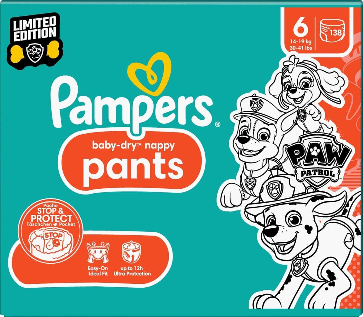Pampers Baby-Dry Pants Paw Patrol Edition Größe 6, 138 Windeln, 13kg-19kg, 360° Passform mit Stop und Schutz System