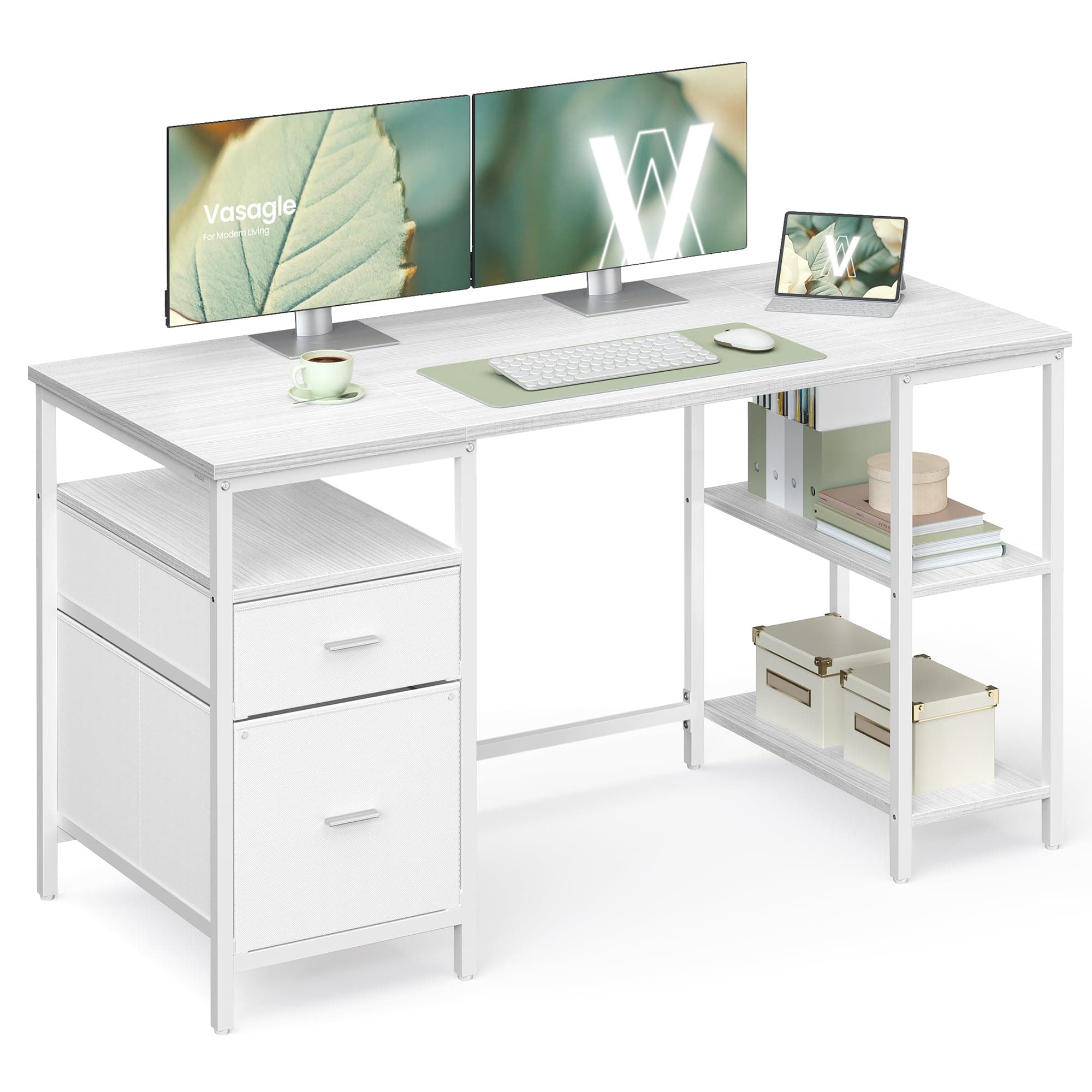 VASAGLE Escritorio, Mesa de Ordenador, Mesa de Oficina, con 3 Estantes | Mesa de Oficina con 3 Estantes, 2 Cajones, 140 x 60 x 76 cm, Blanco Arce y blanco mate, LWD104WF01