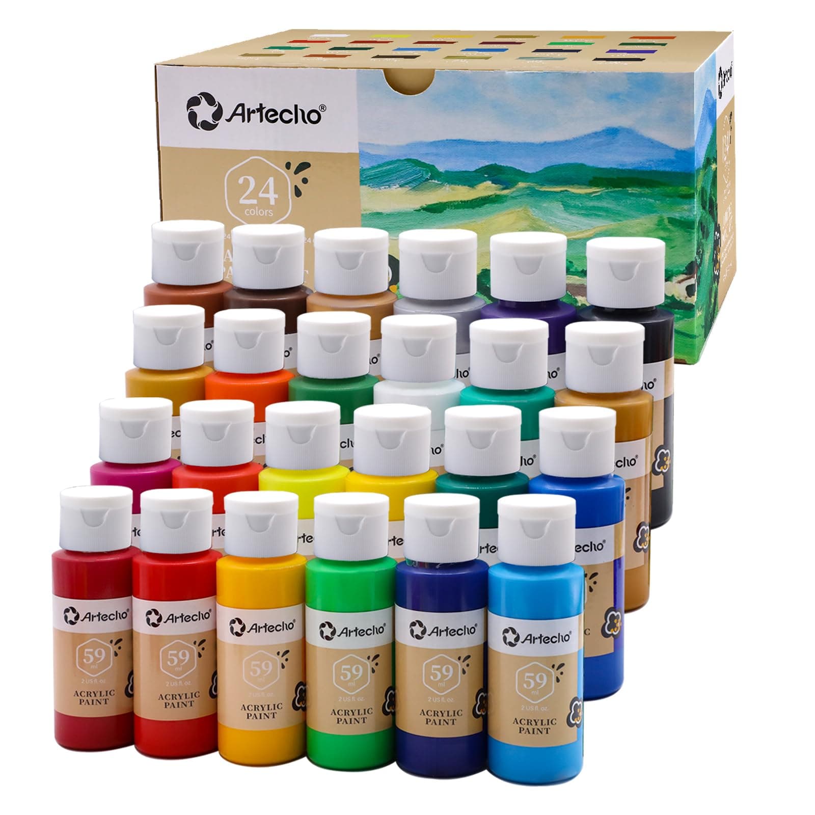 Artecho Pinturas Acrilicas 24 × 59 ml, Acrylic Paint Set, Impermeable y resistente a la luz, para Lienzos, Tela, Madera, Cristal, Piedras.