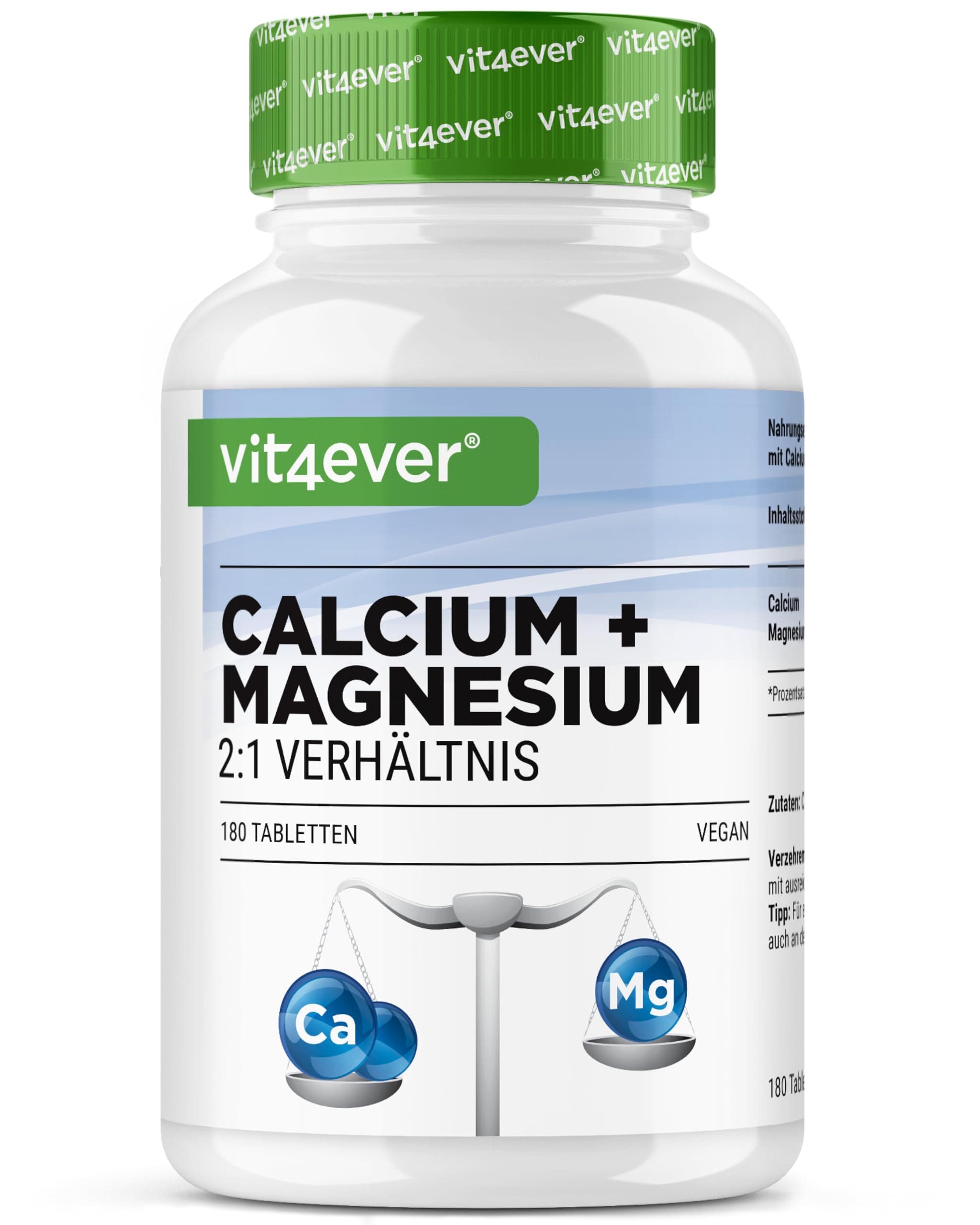 vit4ever Calcium 800 mg + Magnesium 400 mg (2 Tabletten) - 180 Tabletten - 3 Monatsvorrat - Kalzium + Magnesium-Komplex im 2:1 Verhältnis - Vegan - Laborgeprüft - Hochdosiert