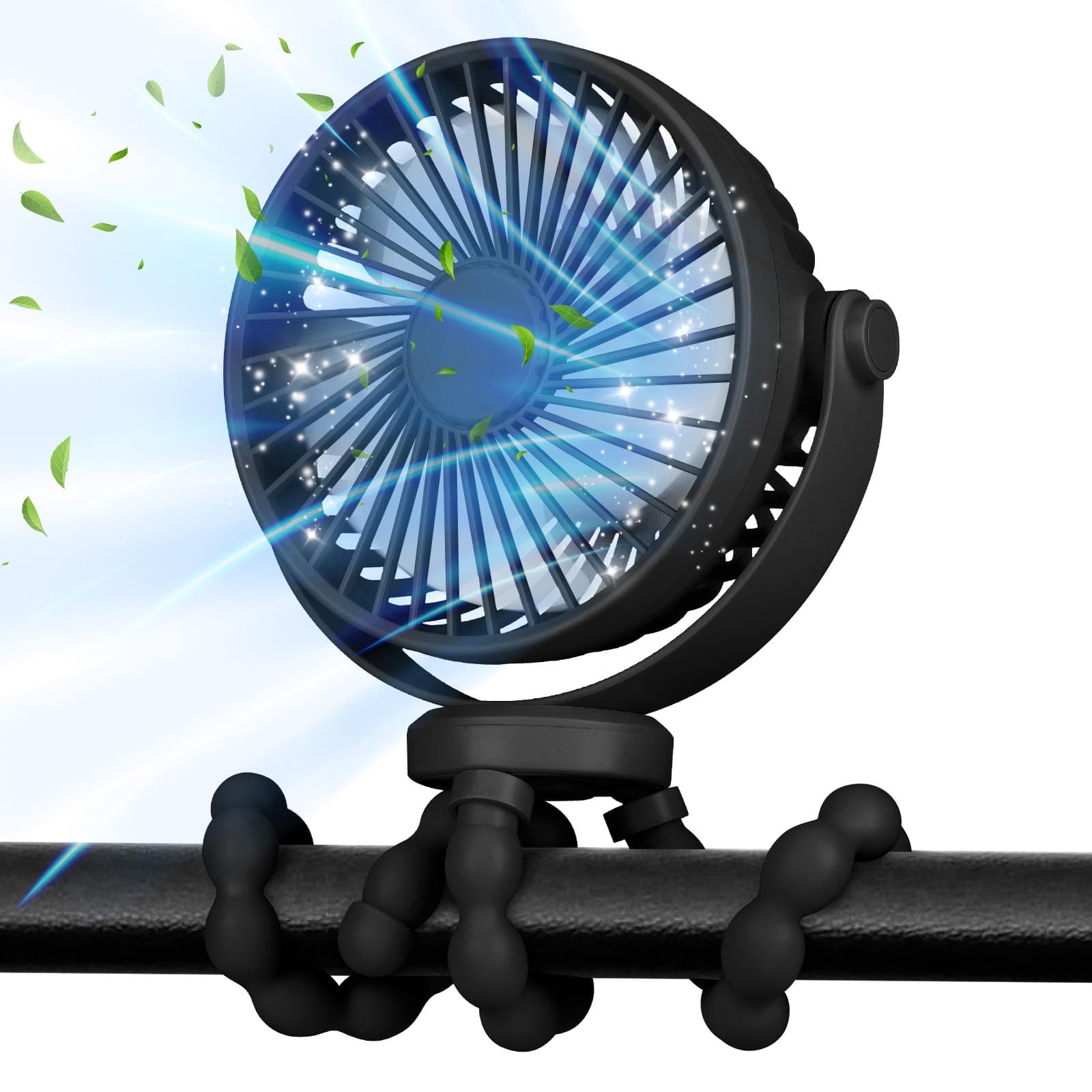 POPERFUN Ventilateur de Poussette 5200mAh 40 H, Ventilateur Portable Rotatif à 360 °et 3 Vitessesc avec Rechargeable USB, Berceau, Siège,Bureau,Voyage (Noir)