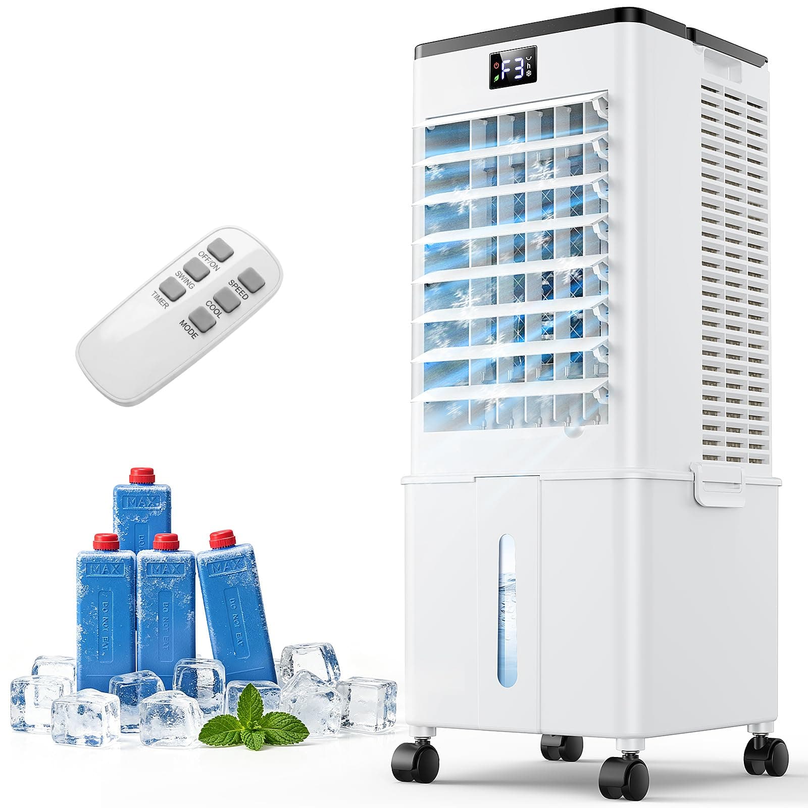 Aire Acondicionado Portátil 10L, Enfriador de Aire Evaporativo 4 en 1, Climatizador con 4 Modos y 3 Velocidades, Temporizador 1-12H,120°Oscilación Automática y para Hogar y Oficina(Blanco Mate)