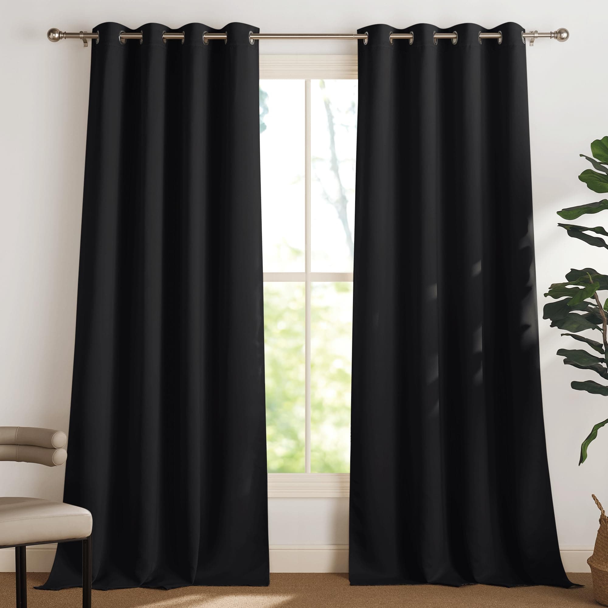 PONY DANCE Rideau Occultant Noir Opaque à Oeillets Draperies Anti Froid/Thermiques de Fenêtre pour Maison Salon Prêt Poser Largeur de 140cm sur Huateur de 240cm, Lot de 2