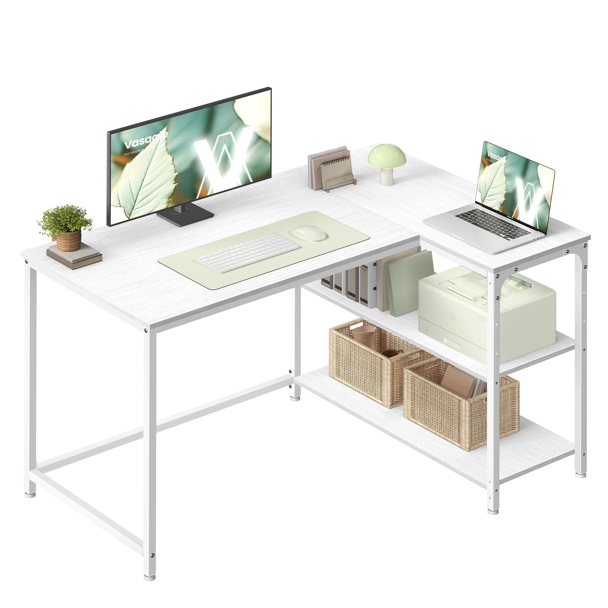 VASAGLE Escritorio en L, Escritorio Gaming para Ordenador con Estantería, Baldas de Altura Regulable, Estación de Trabajo para Estudio y Oficina, 110 x 80 cm, Blanco Arce LWD135WF01