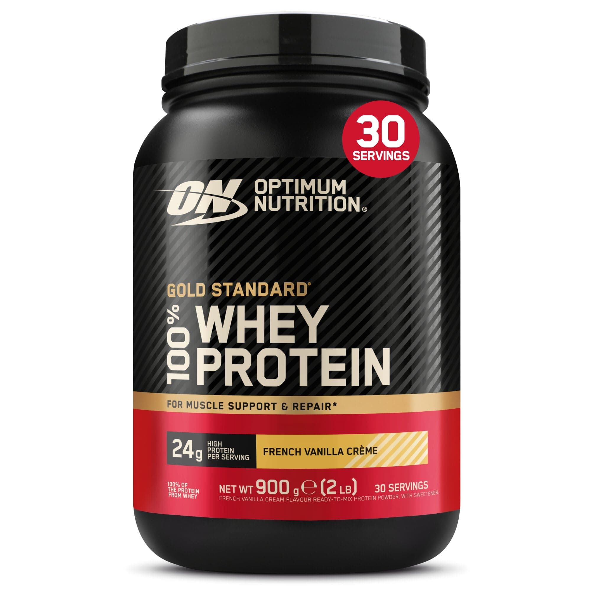 Optimum Nutrition Gold Standard 100% Whey, Proteína en Polvo, Sabor Crema de Vainilla Francesa, 900g, 30 Servicios, Paquete Puede Variar