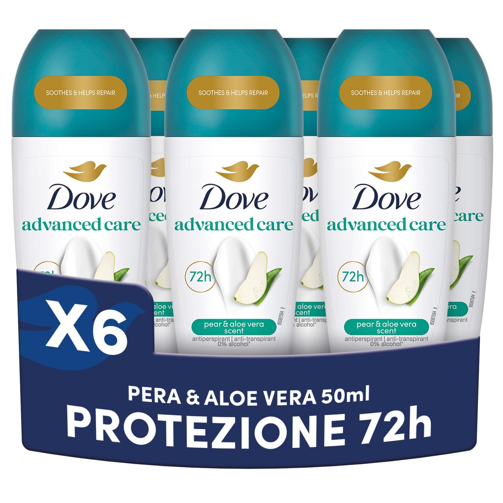 Dove, Deodorante Roll On Advanced Care Pera e Aloe, Deodorante Antitraspirante, Formula Delicata Con Tripla Azione Idratante, Protezione Fino a 48 Ore, Deodorante Uomo e Donna, 6 Pezzi da 50 ml